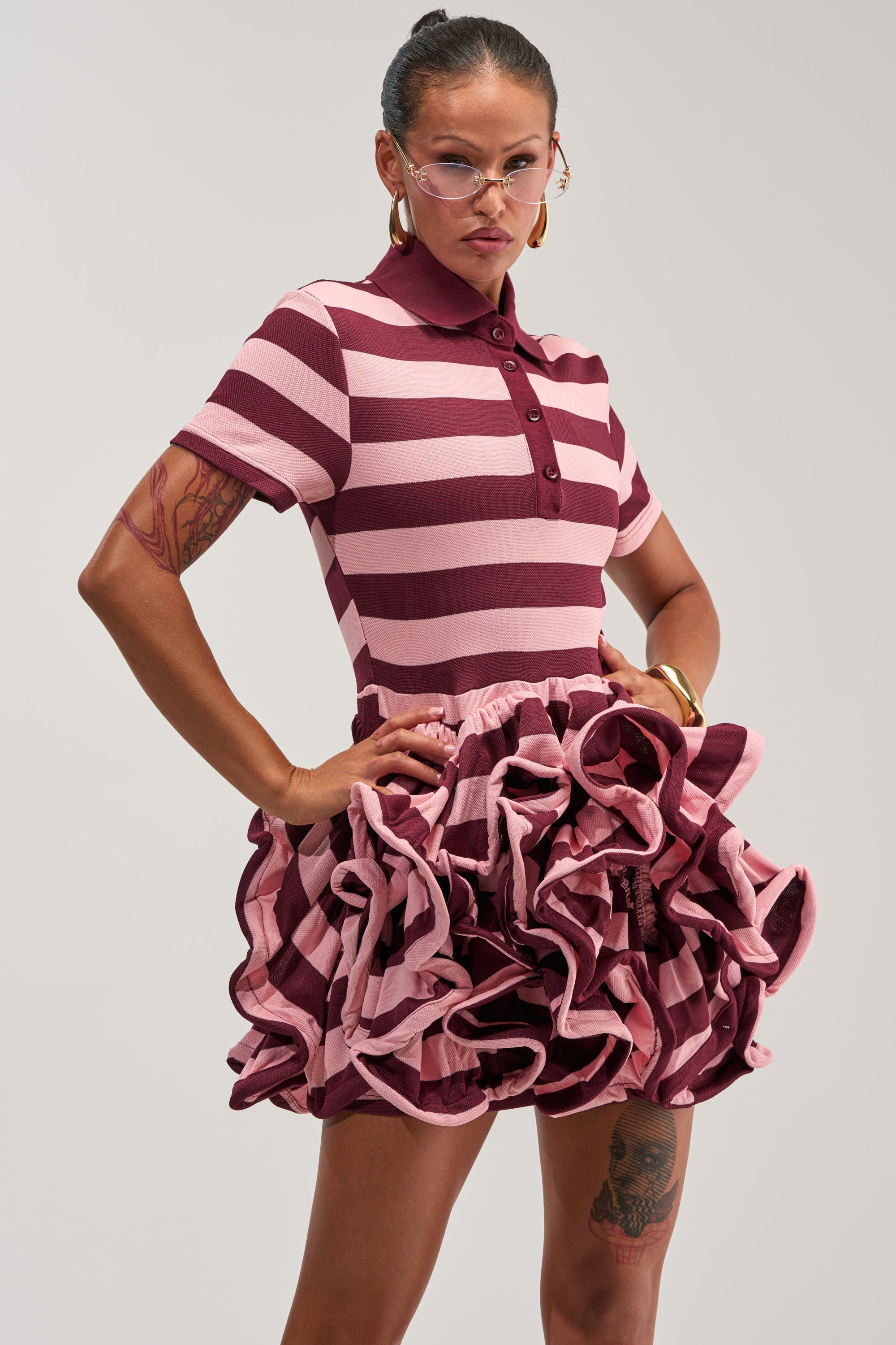 OFFICE SIREN STRIPED SHIRT DRESS IN BURGUNDY