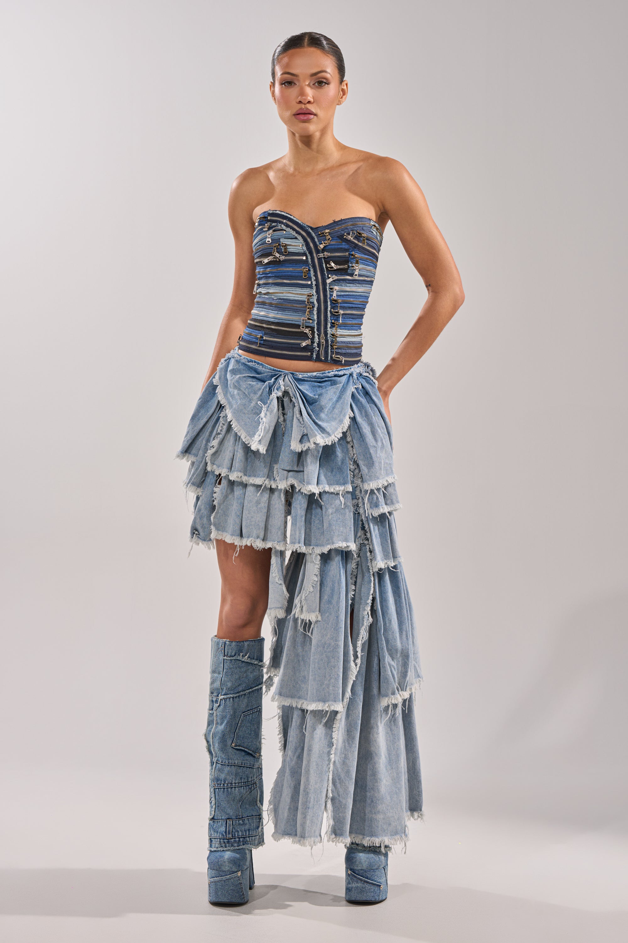 DISTRESSED TIERED ASYMMETRIC MIDI SKIRT