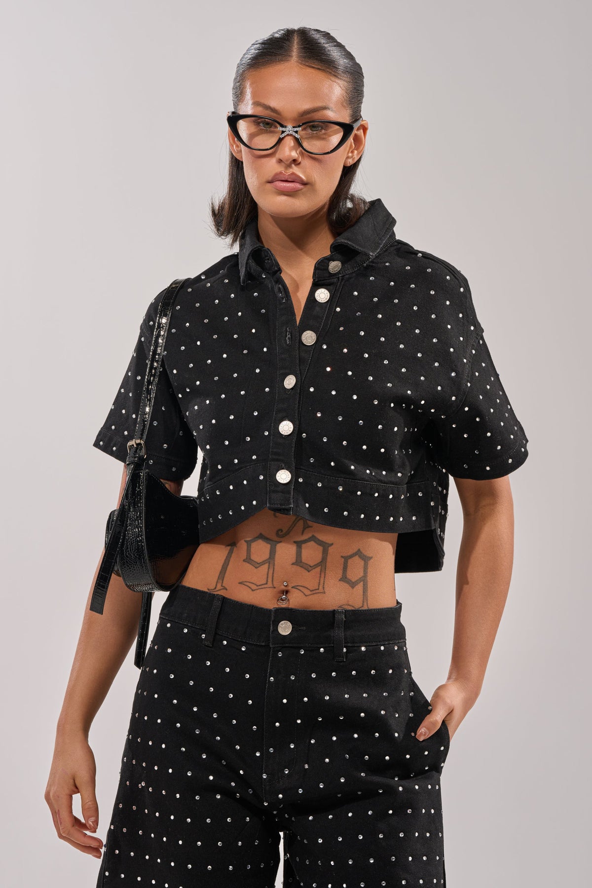 ITS GIVING DENIM RHINESTONE BUTTON DOWN