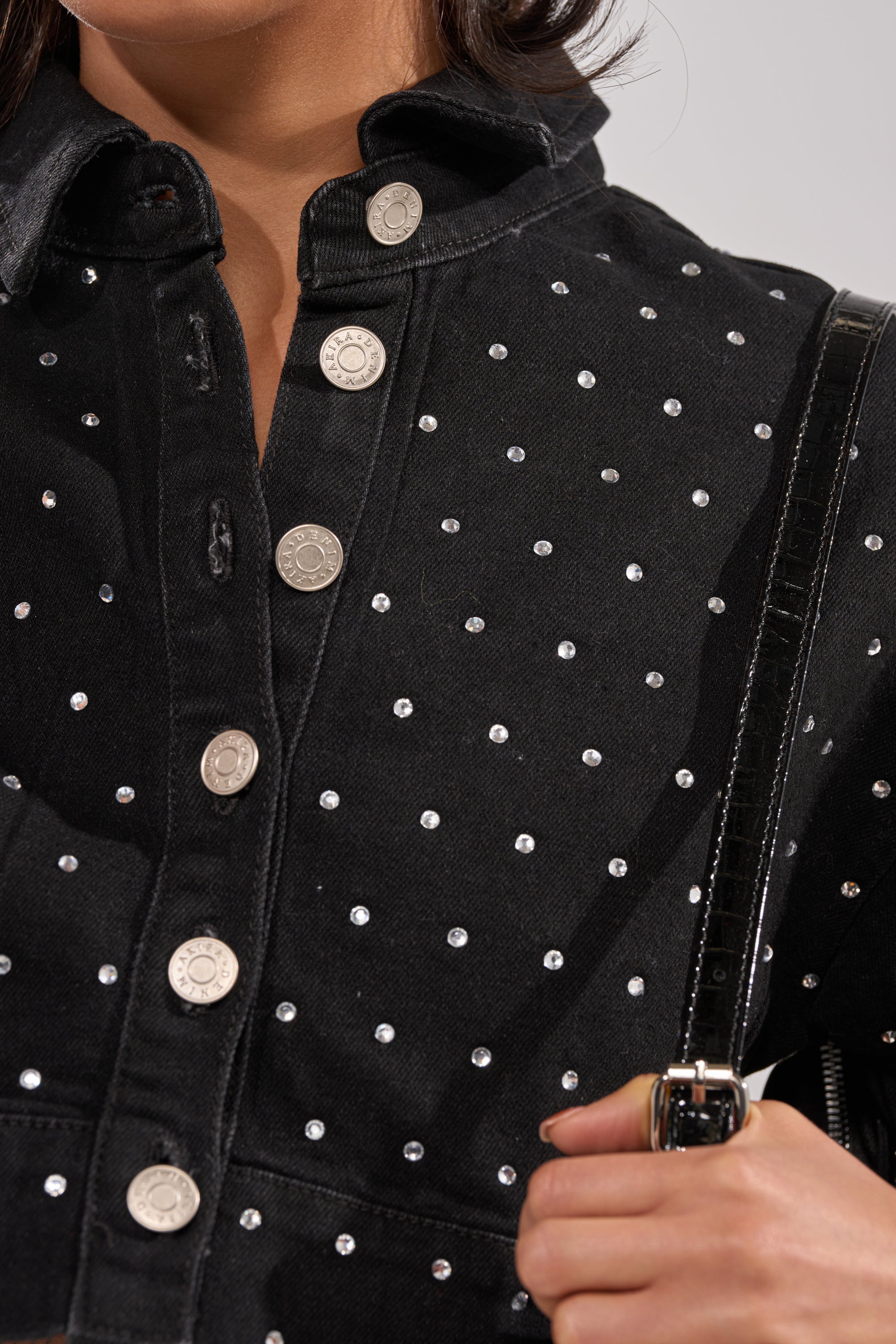 ITS GIVING DENIM RHINESTONE BUTTON DOWN