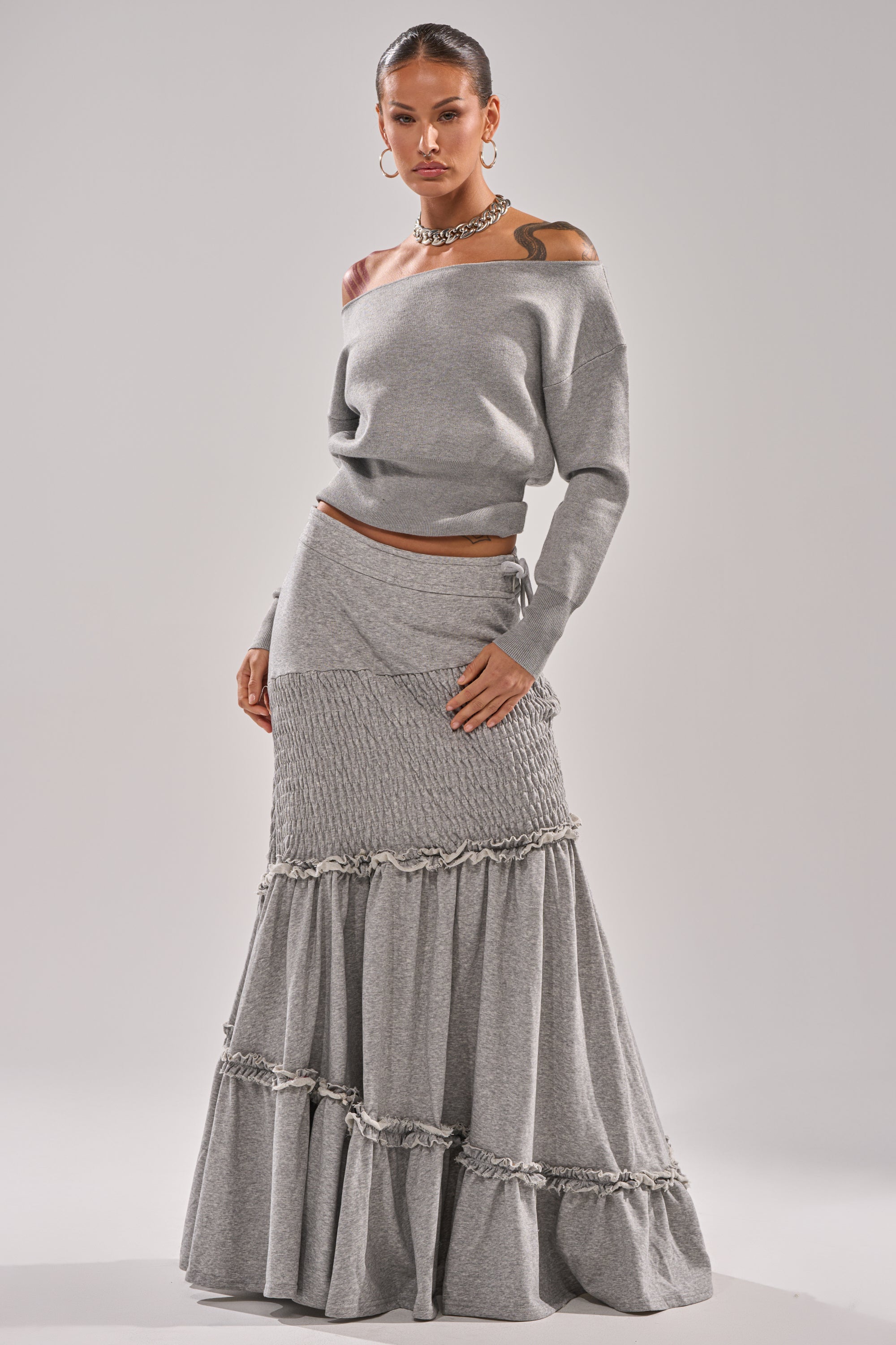 IT ONLY GETS BETTER RUCHED MAXI SKIRT IN HEATHER GREY