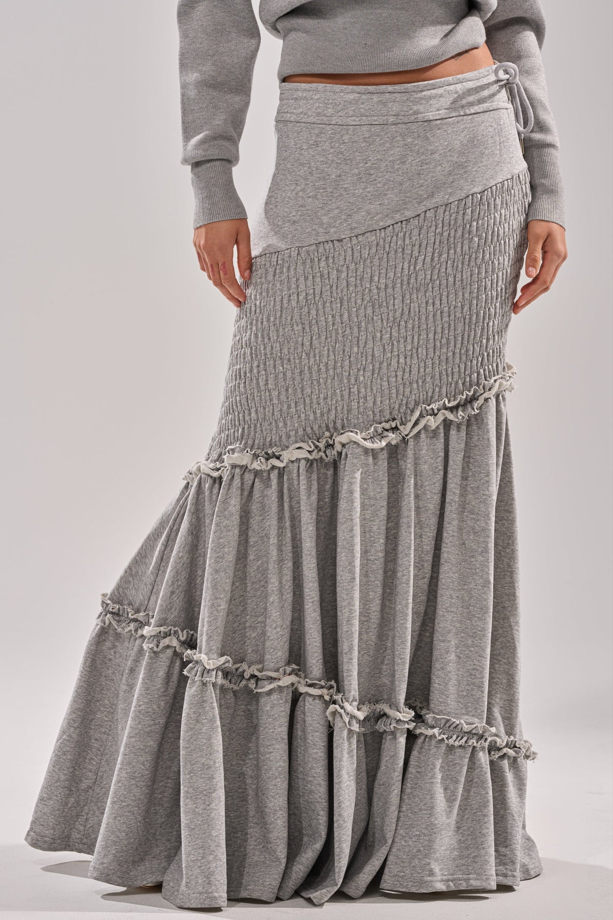 IT ONLY GETS BETTER RUCHED MAXI SKIRT IN HEATHER GREY