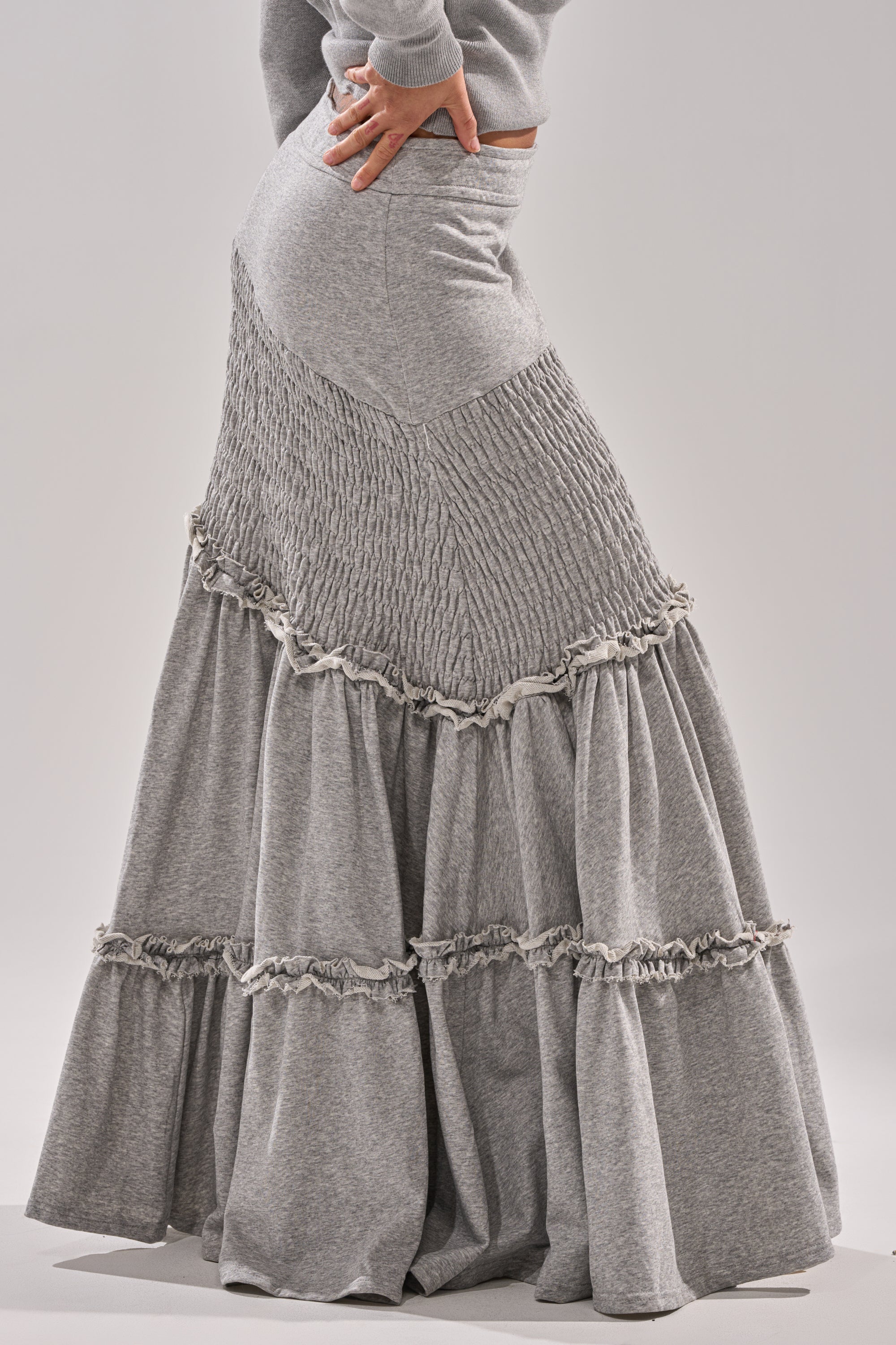 IT ONLY GETS BETTER RUCHED MAXI SKIRT IN HEATHER GREY