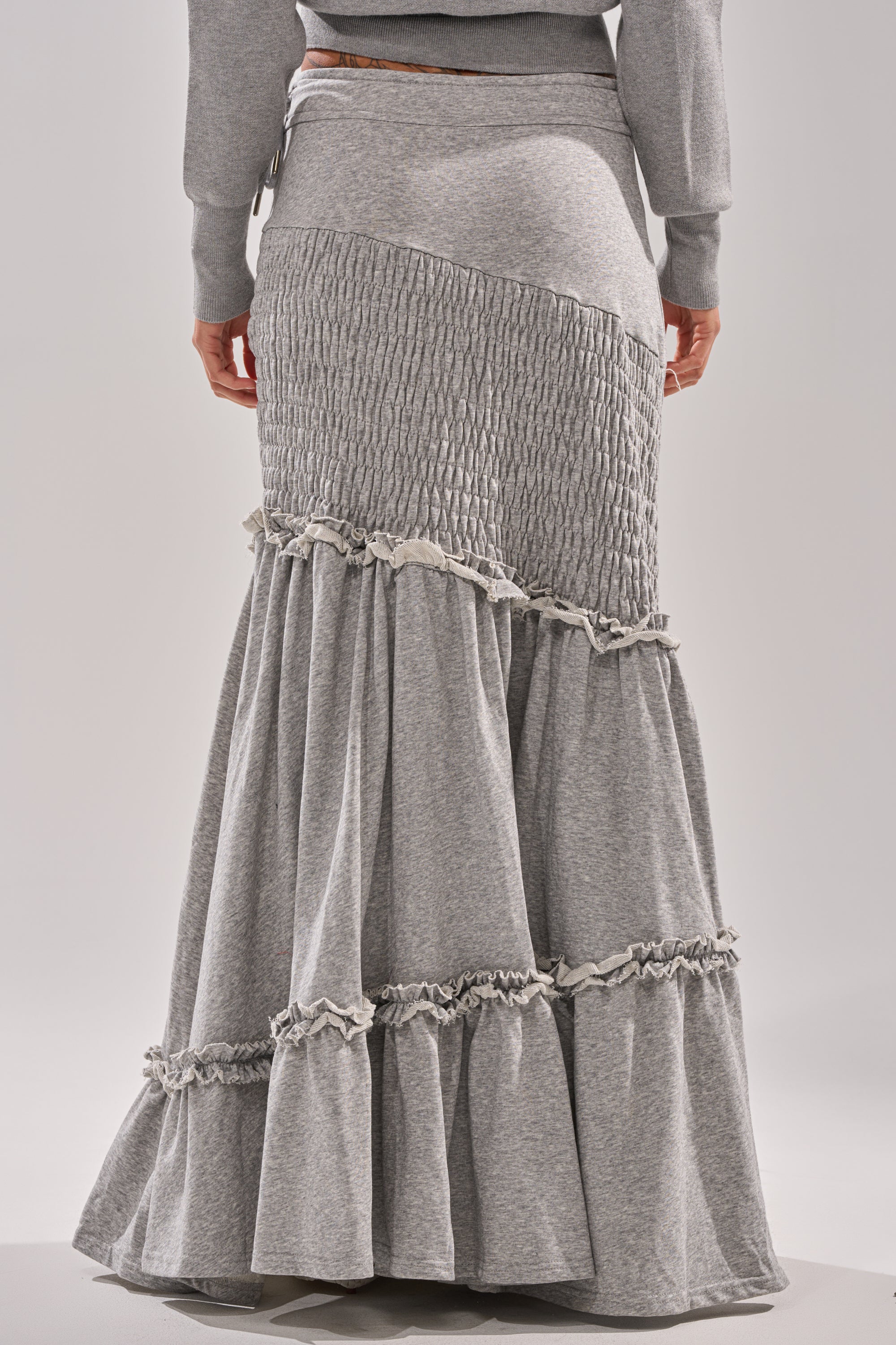 IT ONLY GETS BETTER RUCHED MAXI SKIRT IN HEATHER GREY