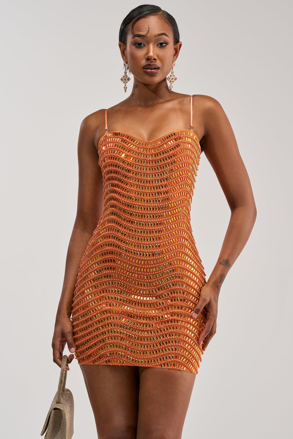 SHINE ON RHINESTONE MINI DRESS IN ORANGE