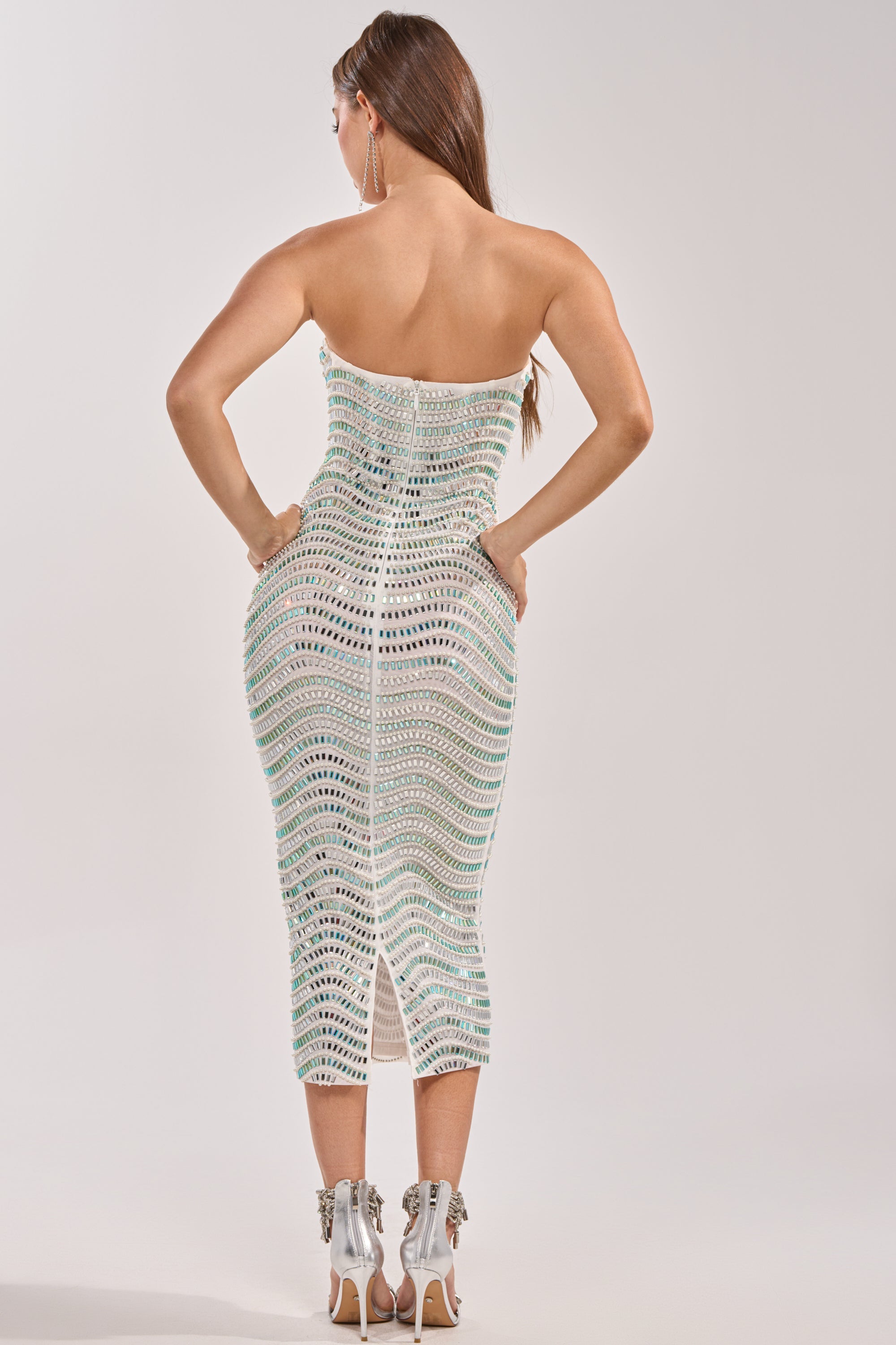 SHINE ON RHINESTONE MIDI DRESS IN WHITE