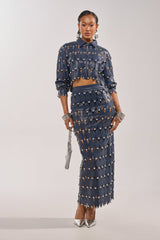 THE SNEAK PEEK STUDDED PU MIDI SKIRT IN NAVY