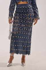 THE SNEAK PEEK STUDDED PU MIDI SKIRT IN NAVY