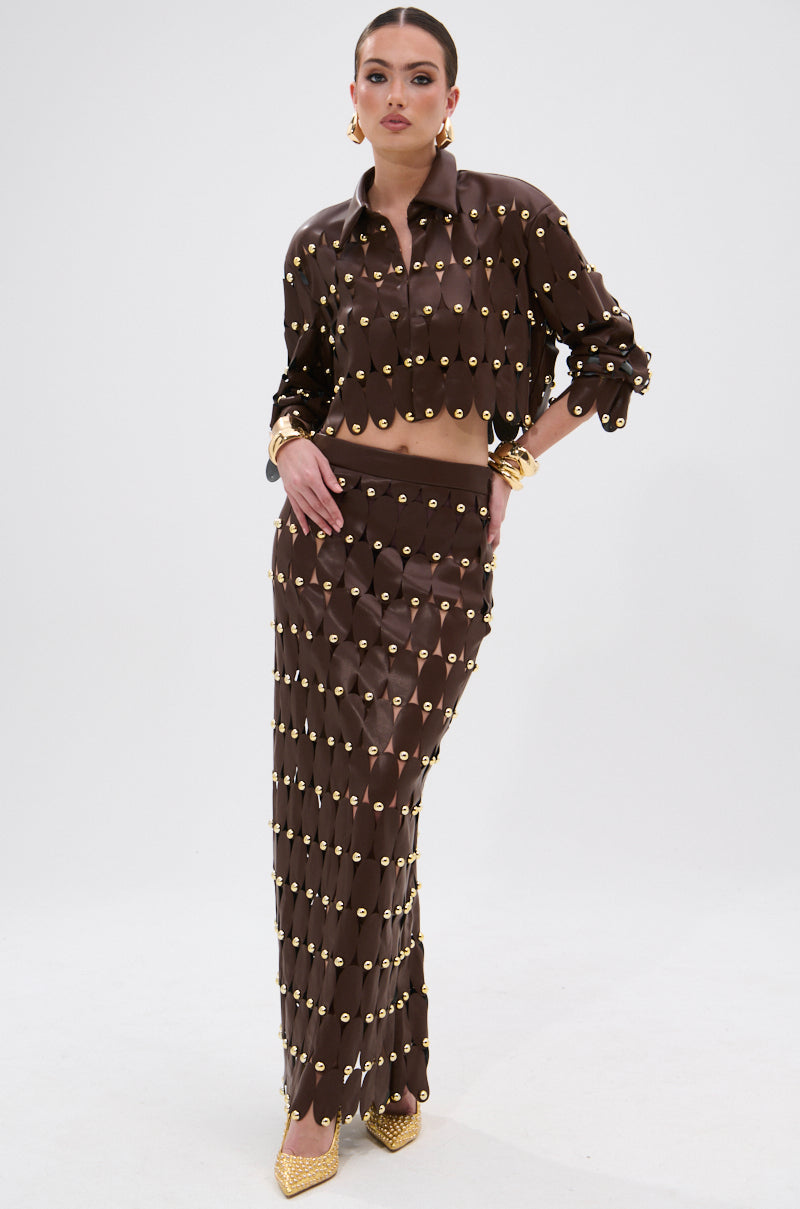 SNEAK PEEK STUDDED PU MIDI SKIRT IN BROWN