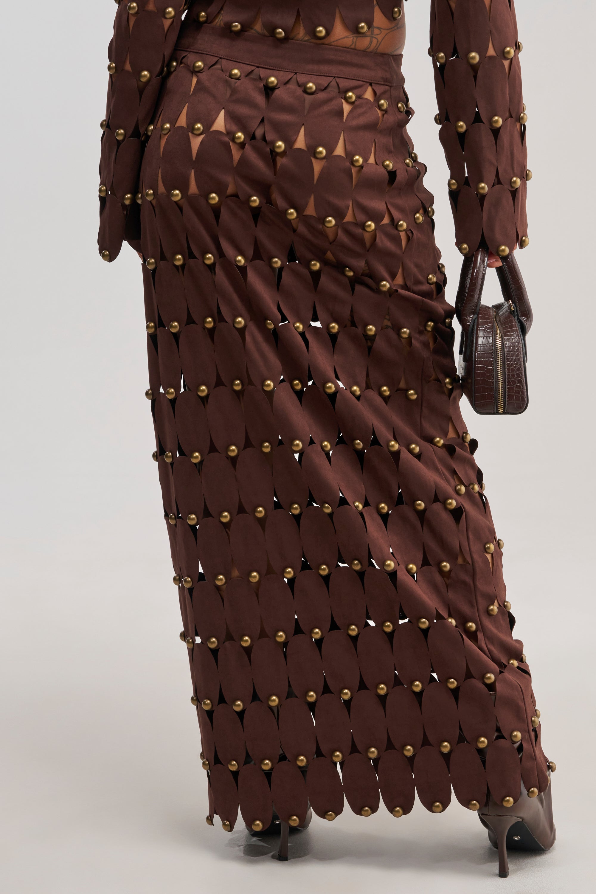 THE SNEAK PEEK STUDDED SUEDE MIDI SKIRT
