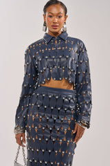 THE SNEAK PEEK STUDDED PU CROP CARDIGAN IN NAVY