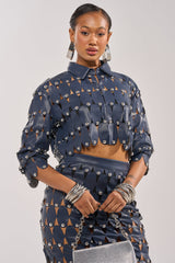 THE SNEAK PEEK STUDDED PU CROP CARDIGAN IN NAVY