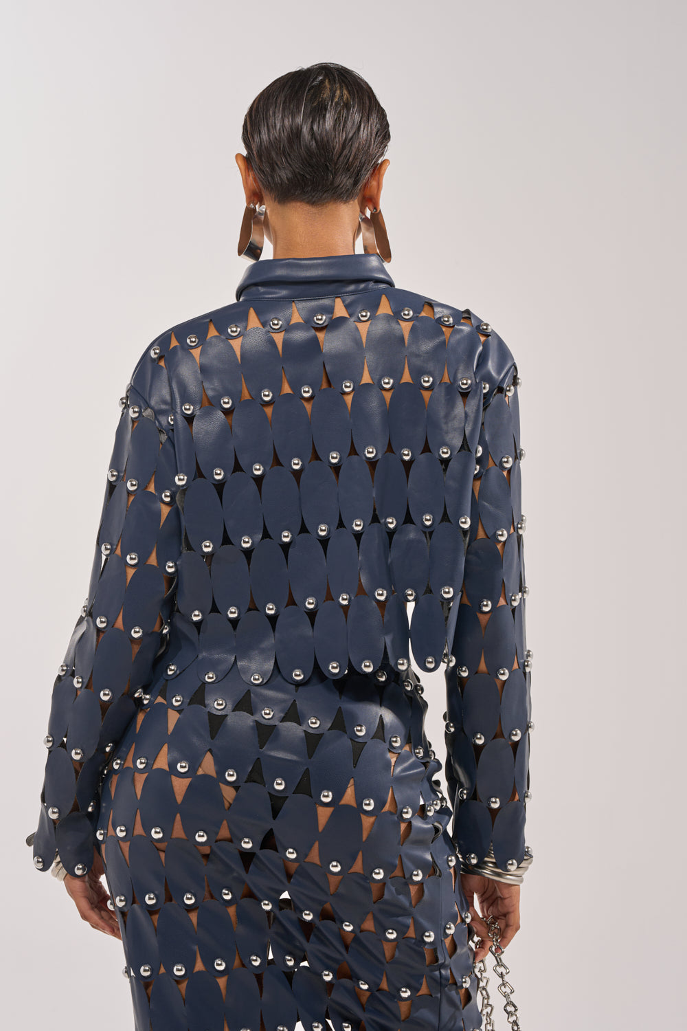 THE SNEAK PEEK STUDDED PU CROP CARDIGAN IN NAVY