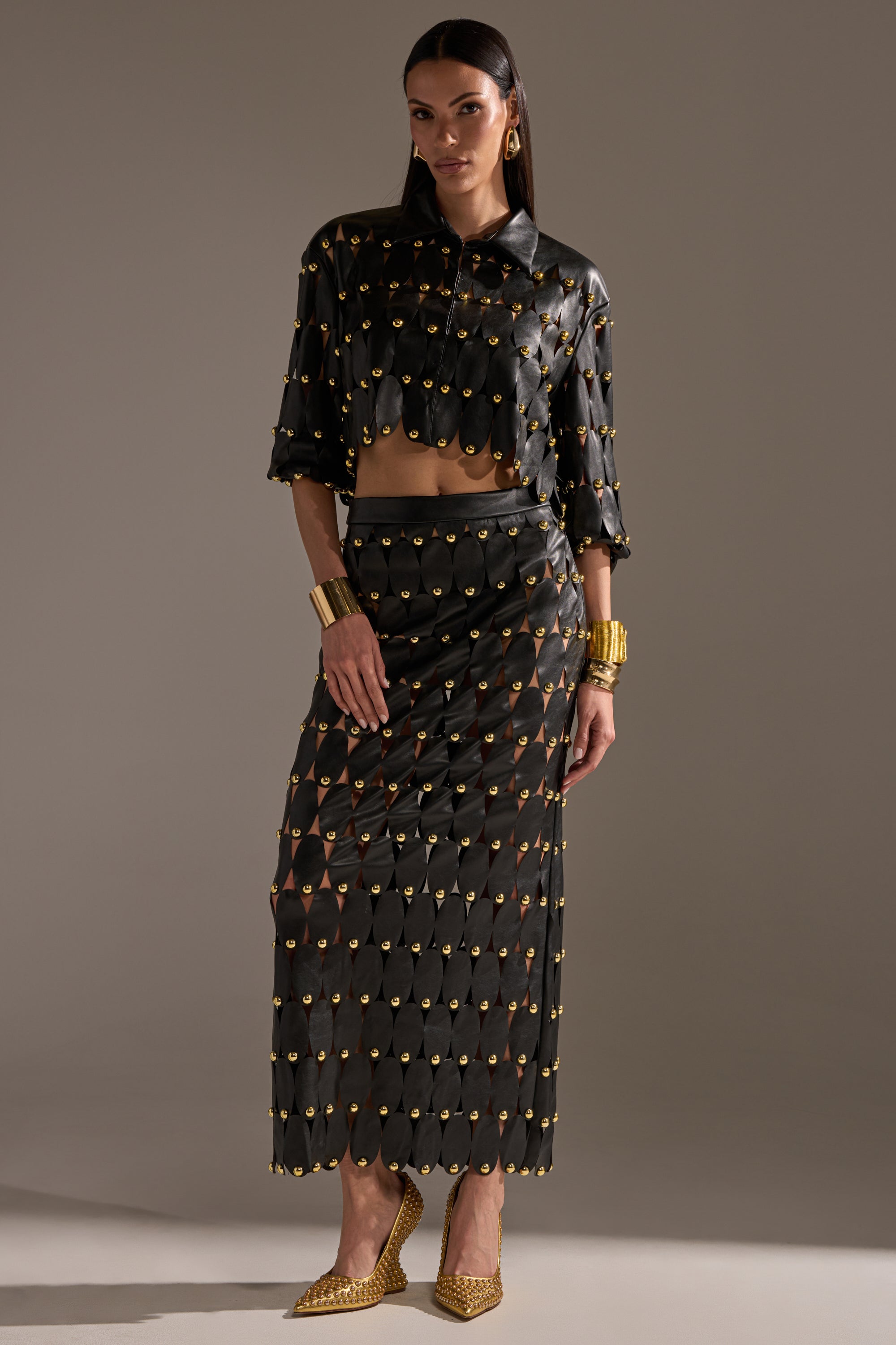 THE SNEAK PEEK STUDDED PU BLOUSE IN BLACK