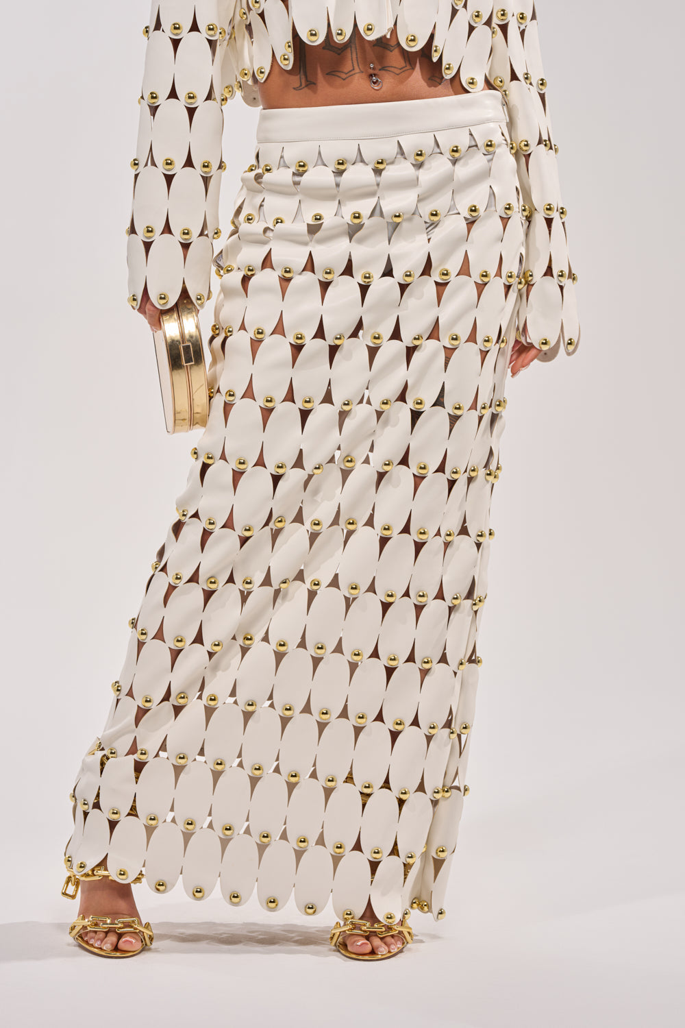 THE SNEAK PEEK STUDDED PU MIDI SKIRT IN WHITE
