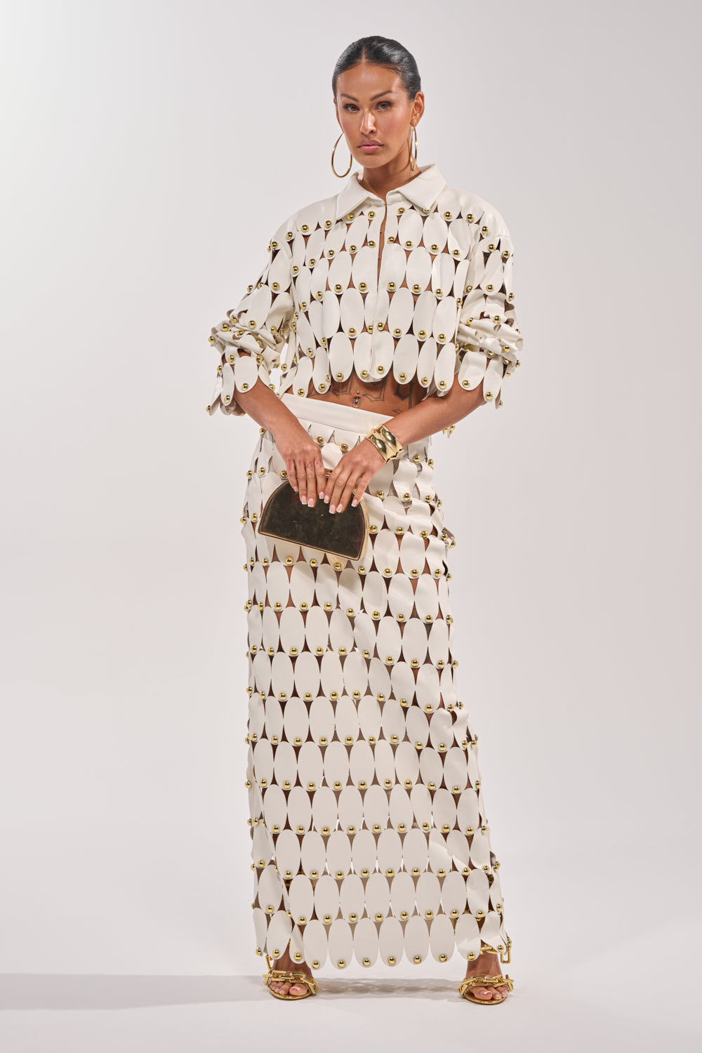 THE SNEAK PEEK STUDDED PU MIDI SKIRT IN WHITE