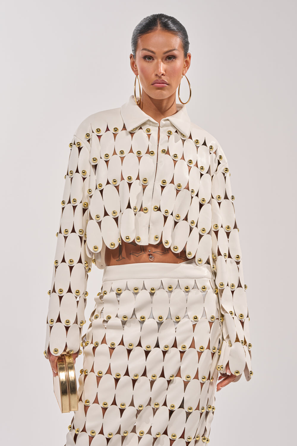 THE SNEAK PEEK STUDDED PU CROP CARDIGAN IN WHITE