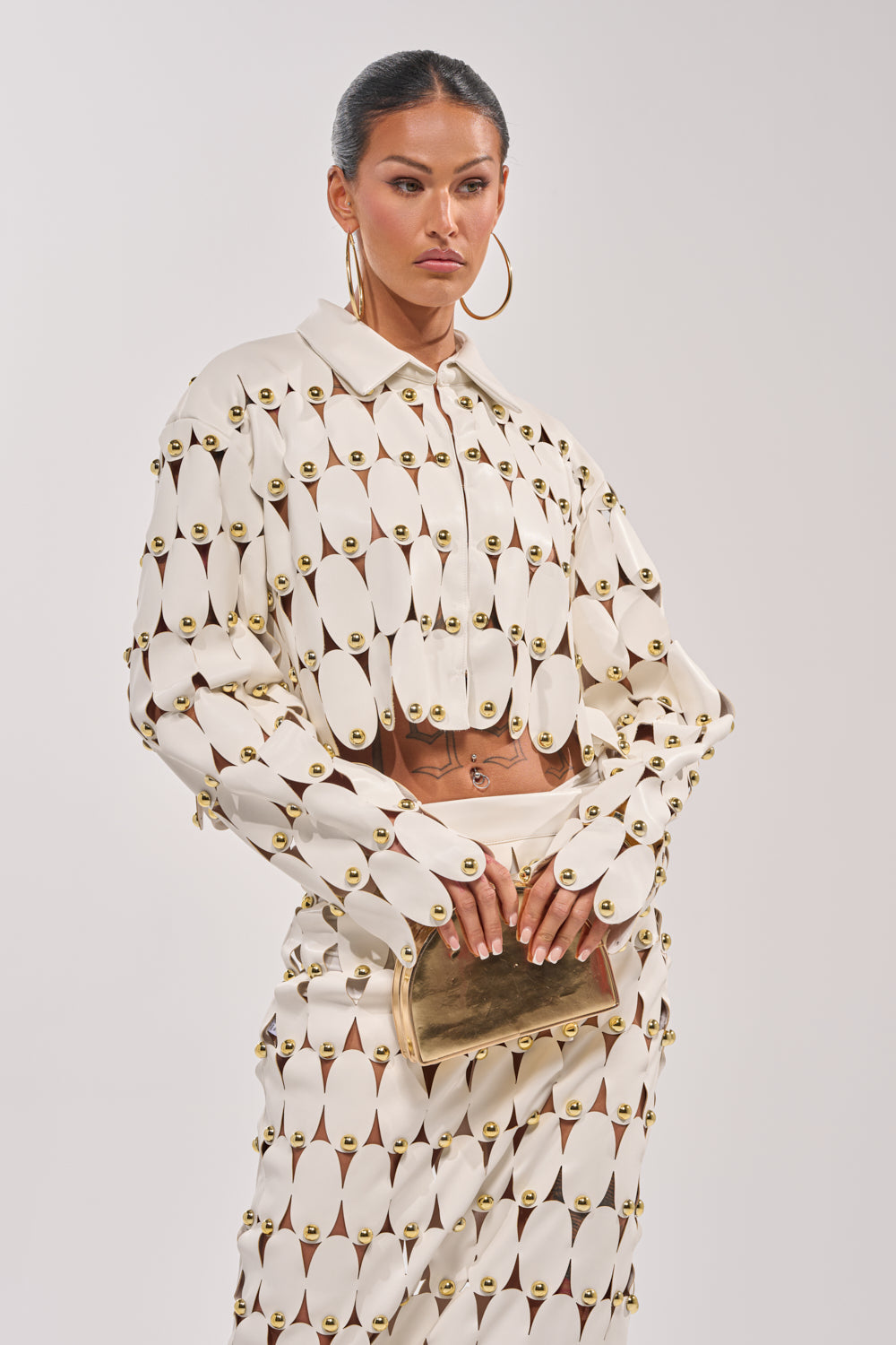 THE SNEAK PEEK STUDDED PU CROP CARDIGAN IN WHITE