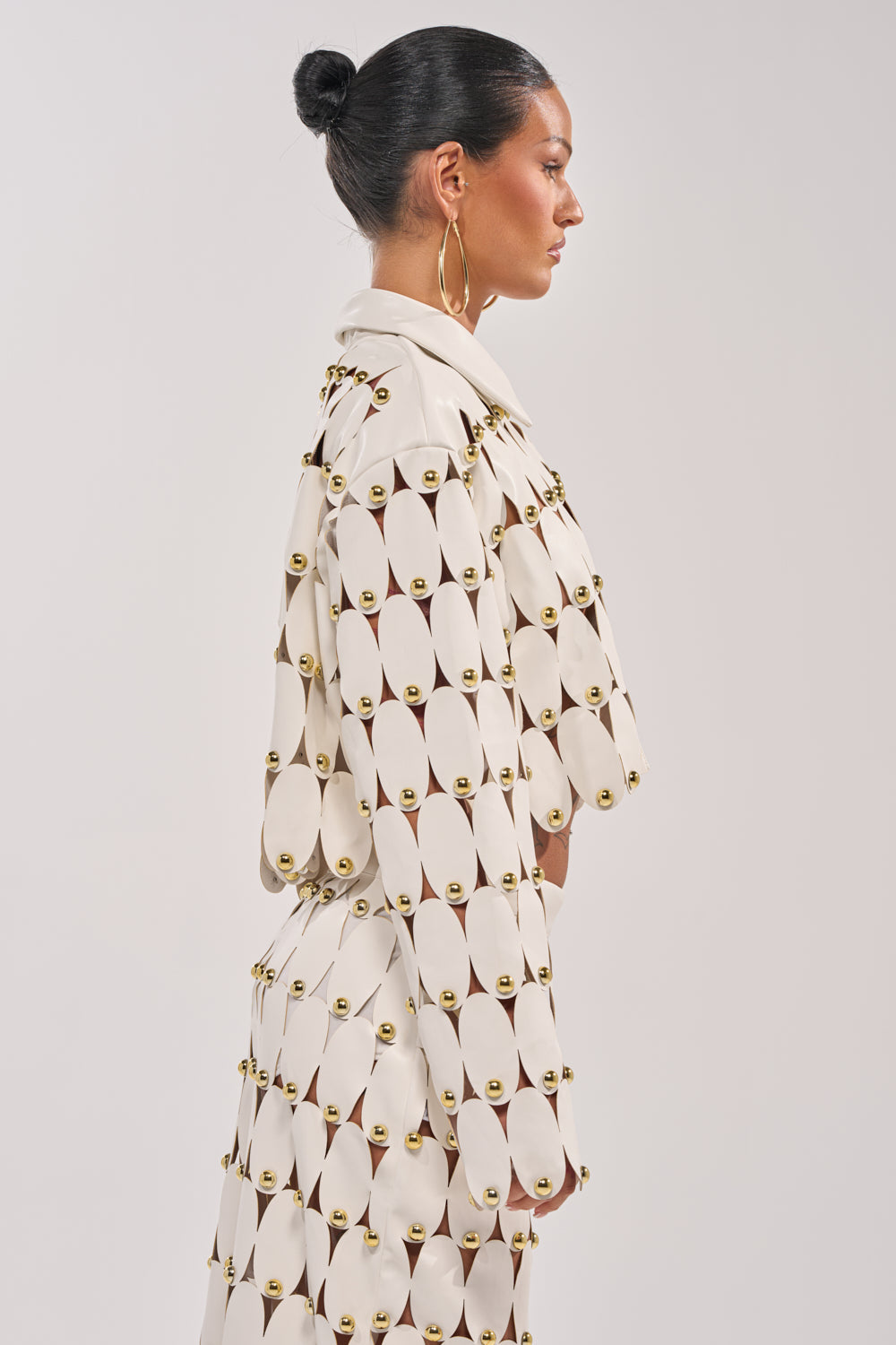 THE SNEAK PEEK STUDDED PU CROP CARDIGAN IN WHITE