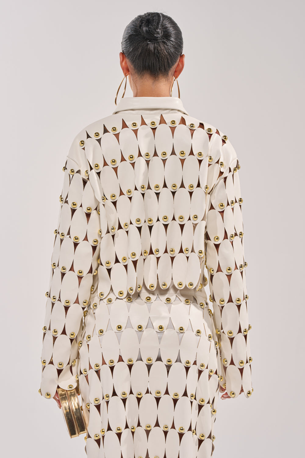THE SNEAK PEEK STUDDED PU CROP CARDIGAN IN WHITE
