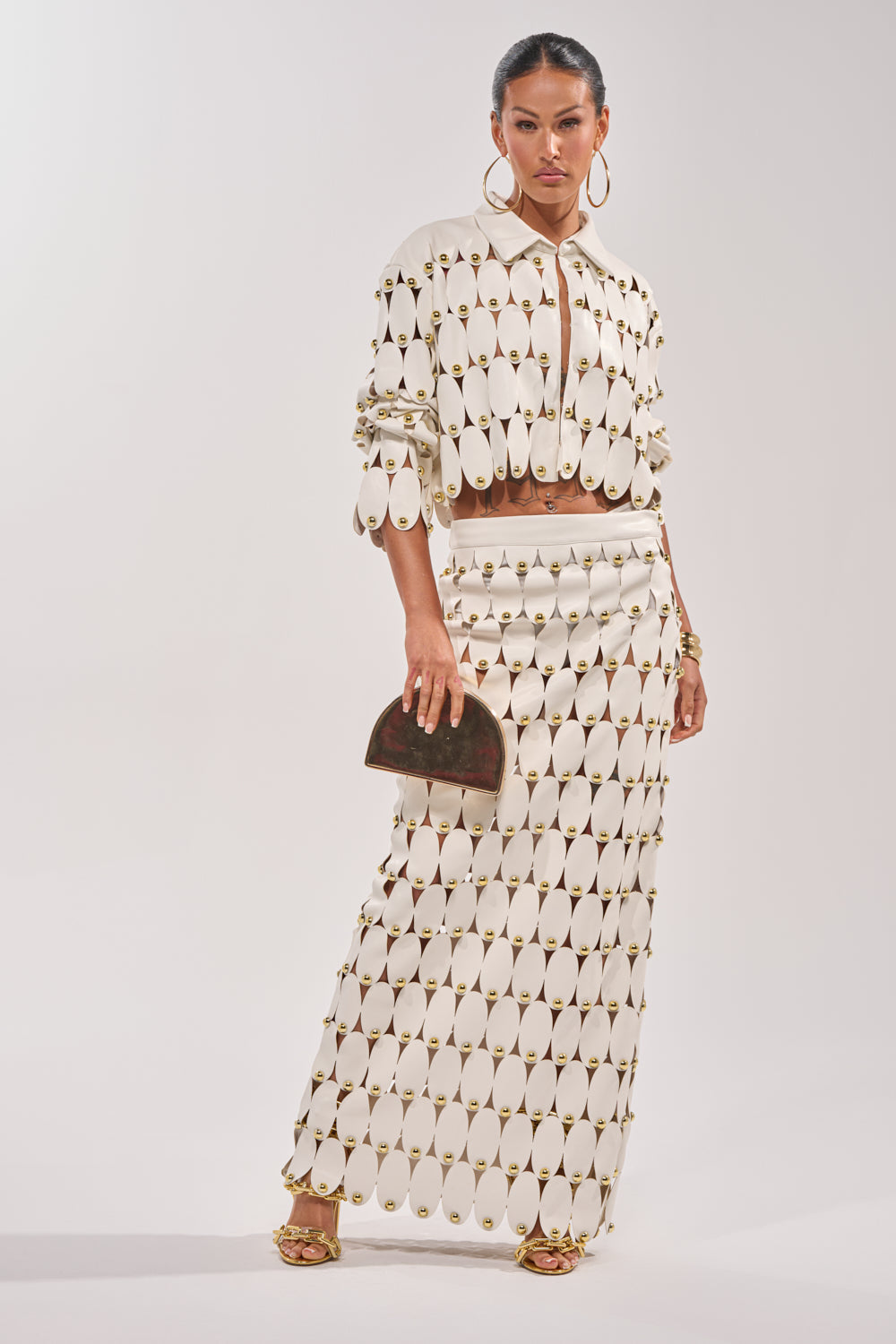 THE SNEAK PEEK STUDDED PU CROP CARDIGAN IN WHITE