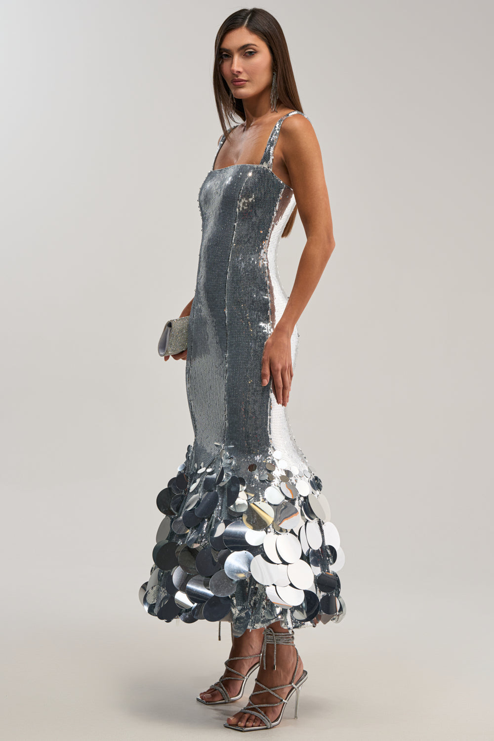 LIFE OF THE PARTY SEQUIN MIDI DRESS IN SILVER