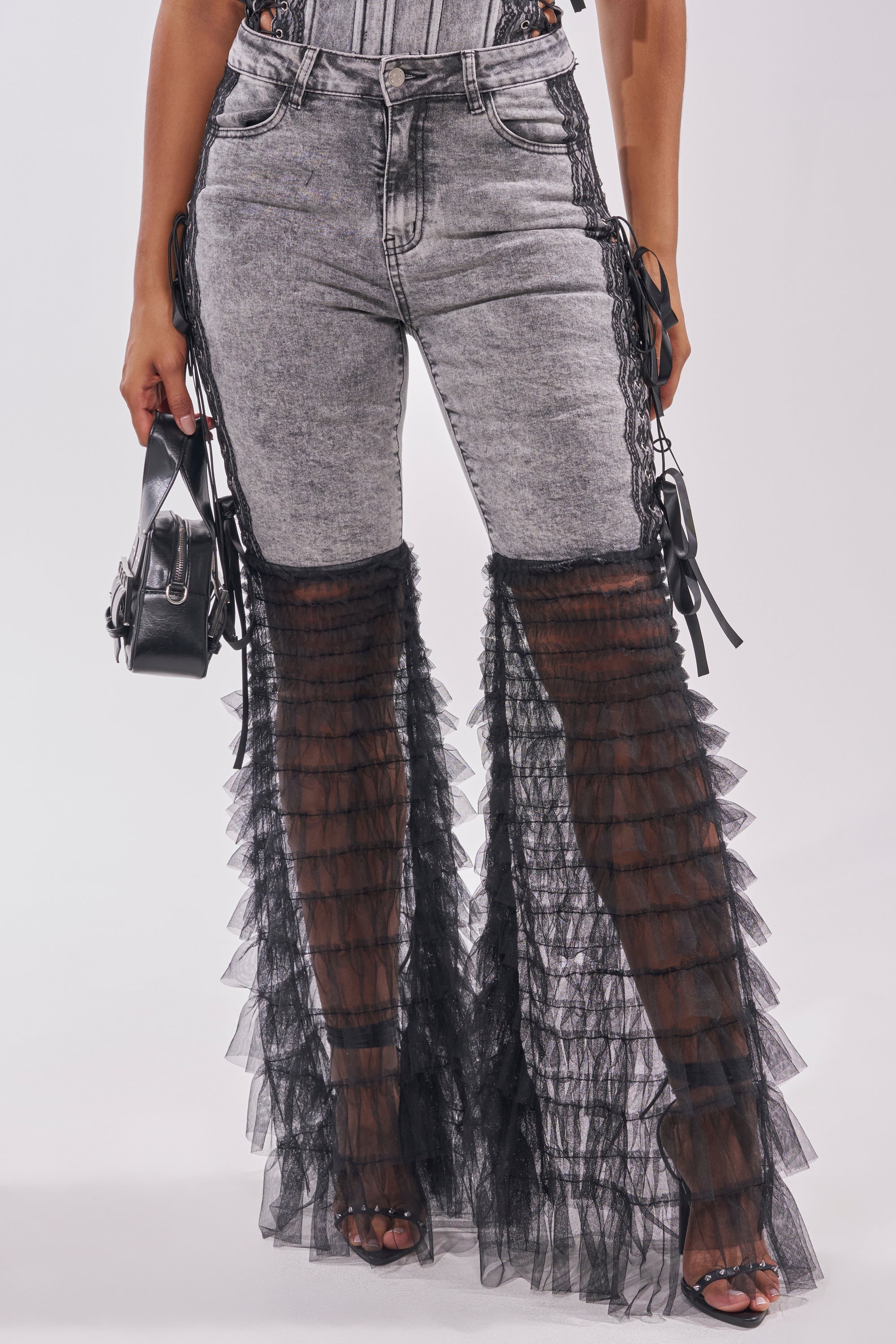 TICKED AND TIED LACE DETAIL FLARE DENIM