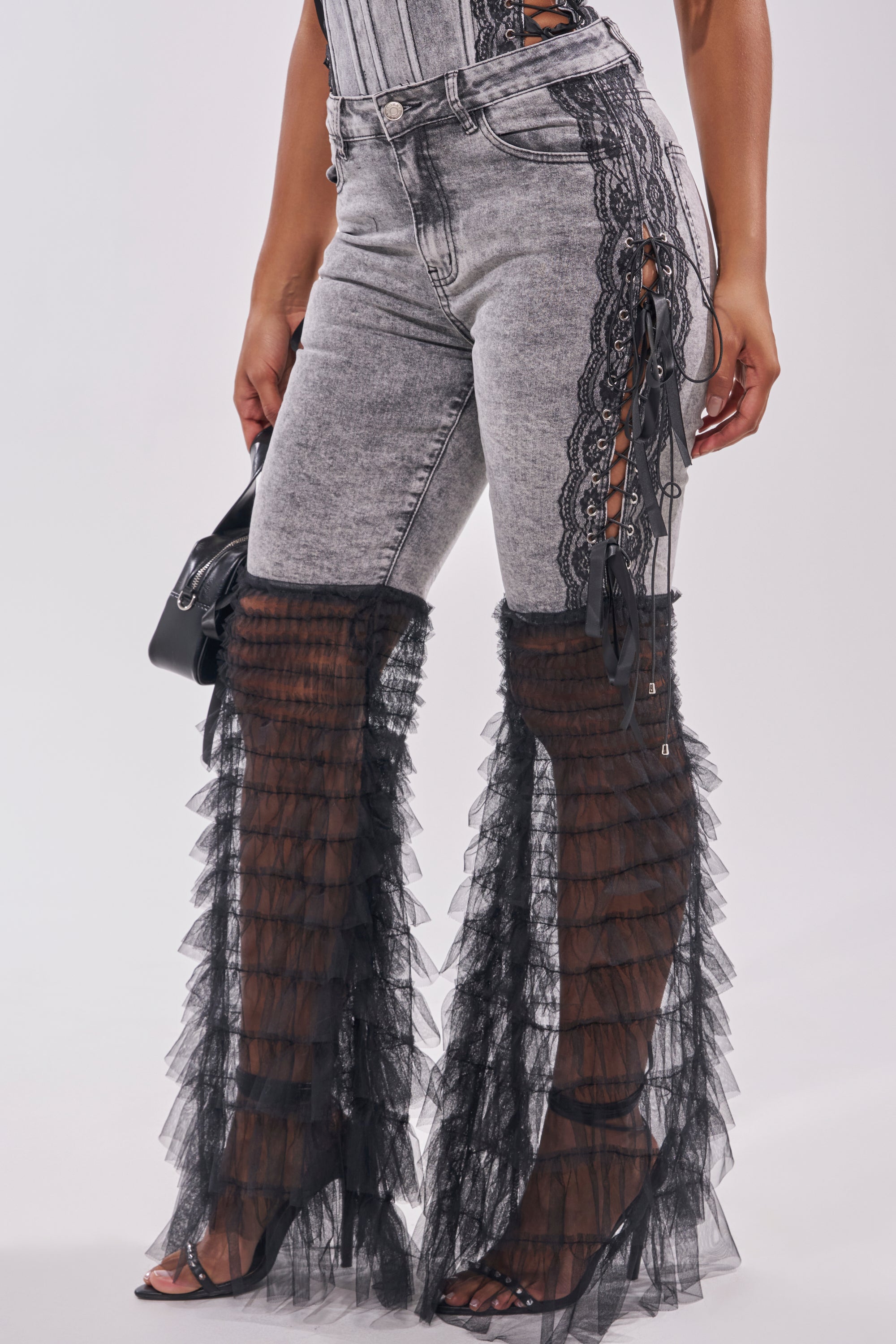 TICKED AND TIED LACE DETAIL FLARE DENIM