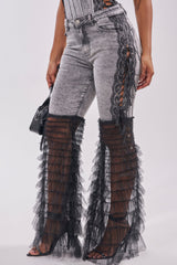 TICKED AND TIED LACE DETAIL FLARE DENIM