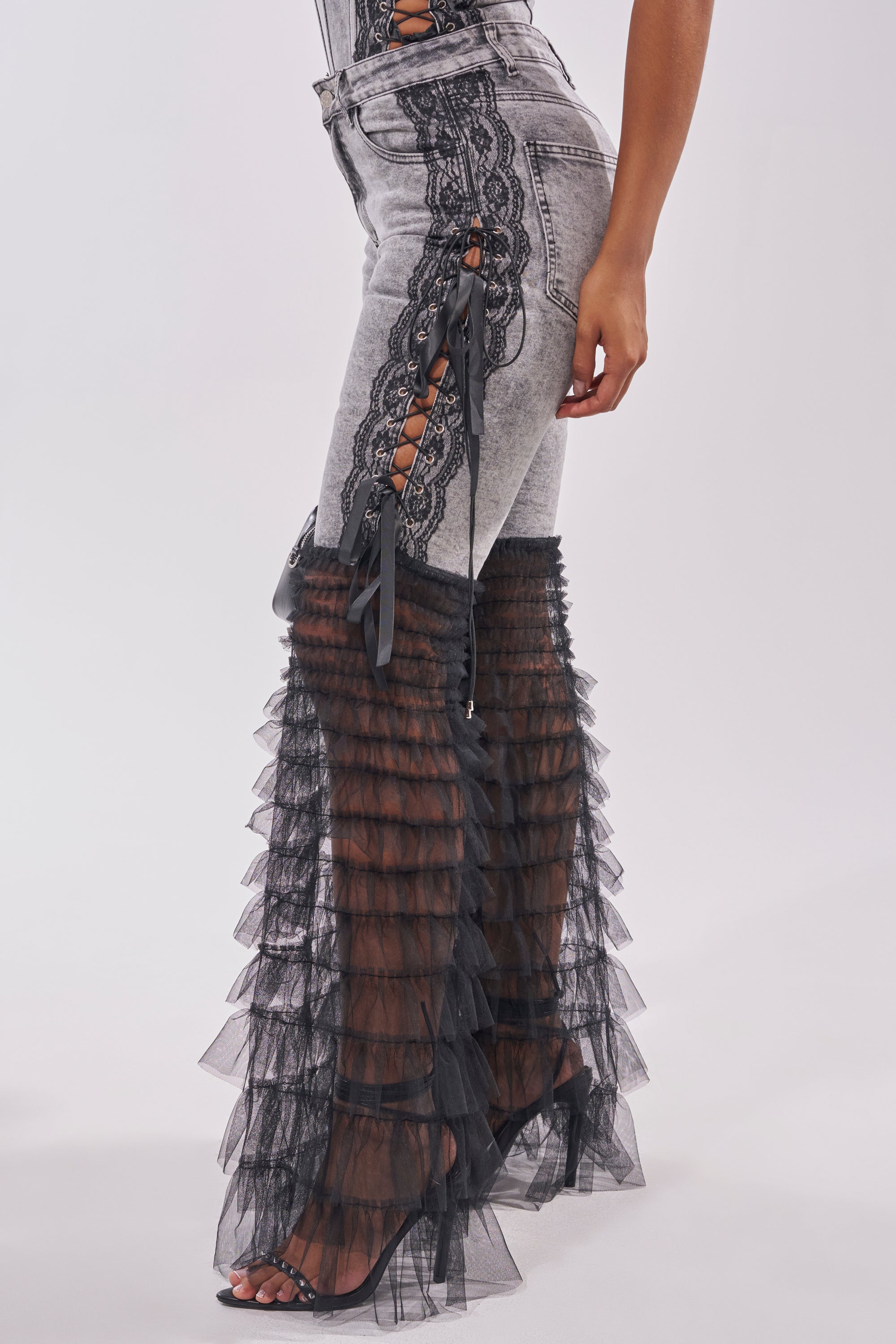 TICKED AND TIED LACE DETAIL FLARE DENIM
