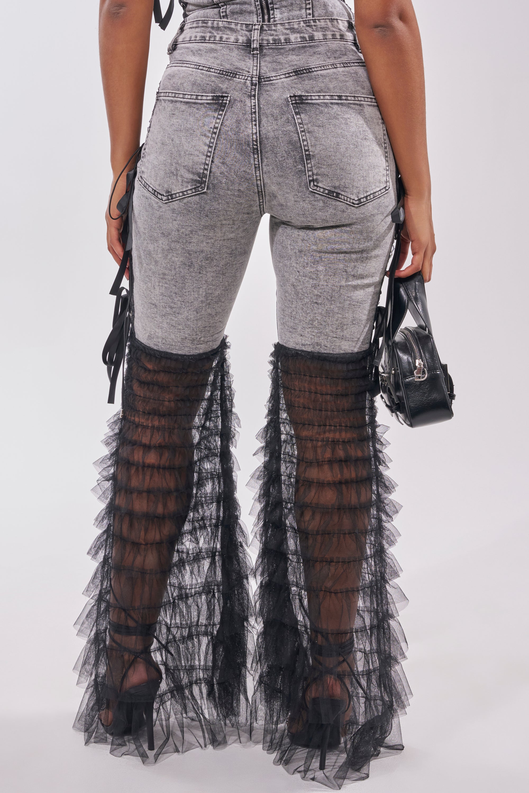 TICKED AND TIED LACE DETAIL FLARE DENIM
