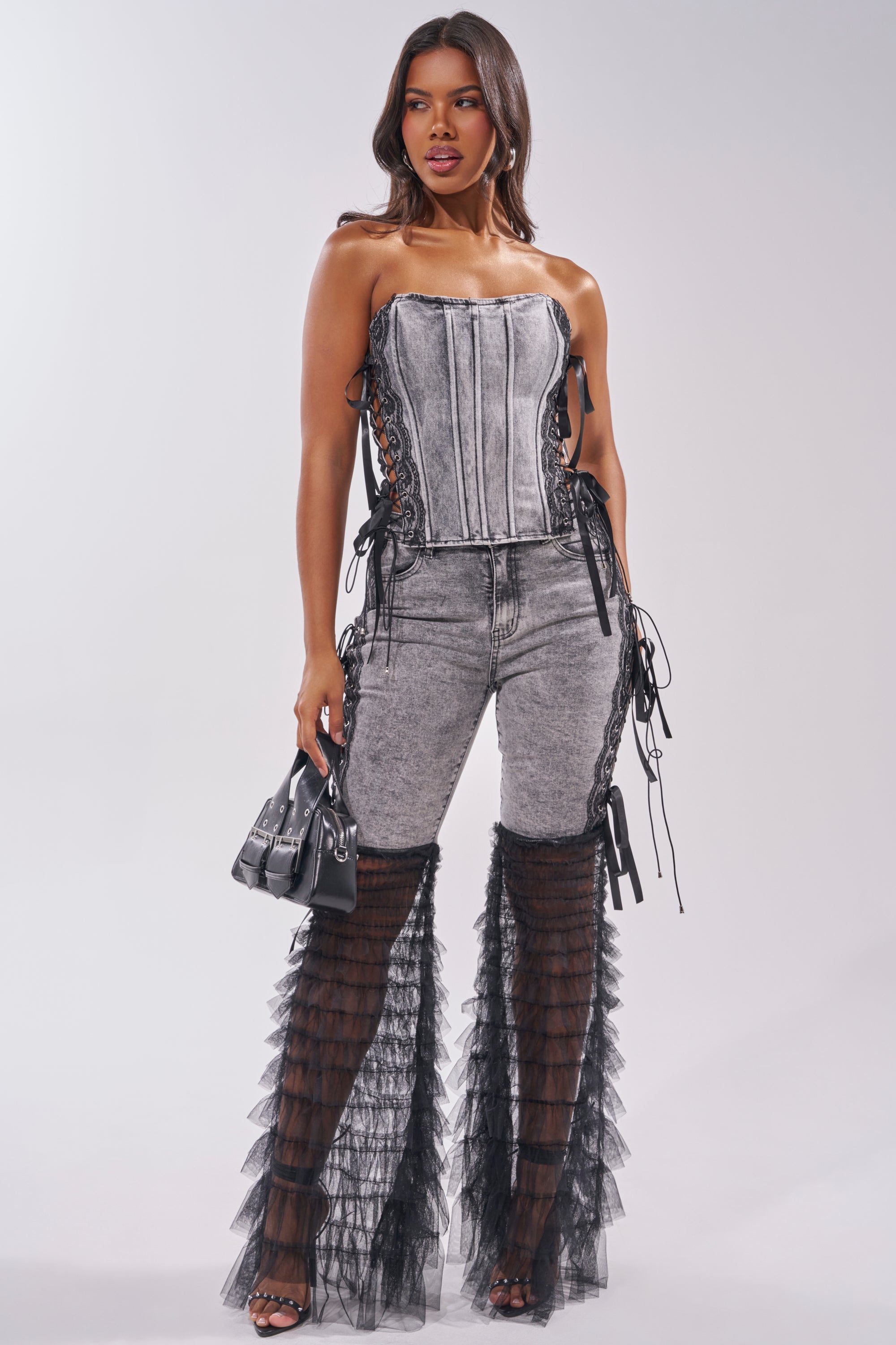 TICKED AND TIED LACE DETAIL FLARE DENIM
