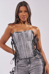 TICKED AND TIED LACE DETAIL DENIM CORSET