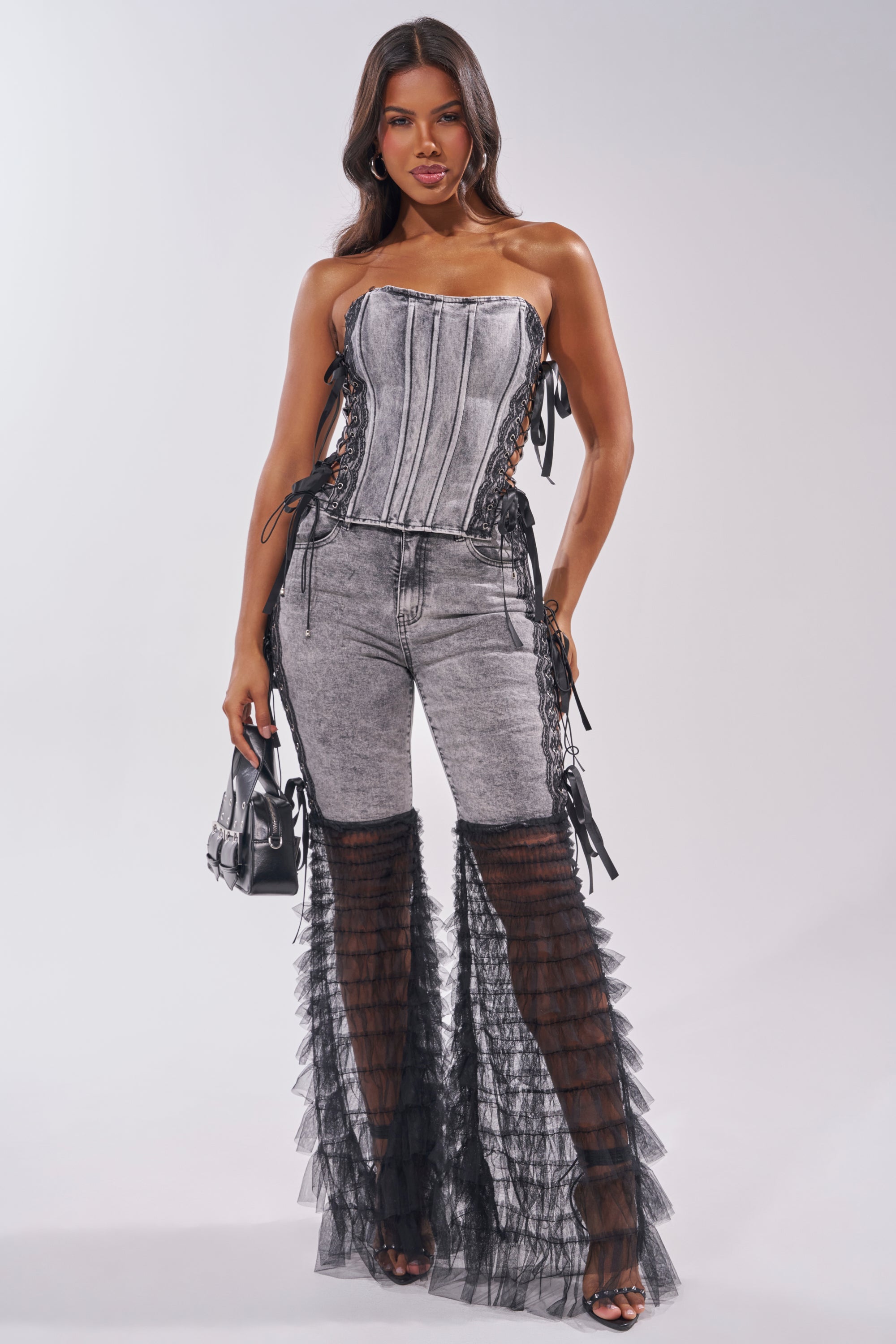 TICKED AND TIED LACE DETAIL DENIM CORSET