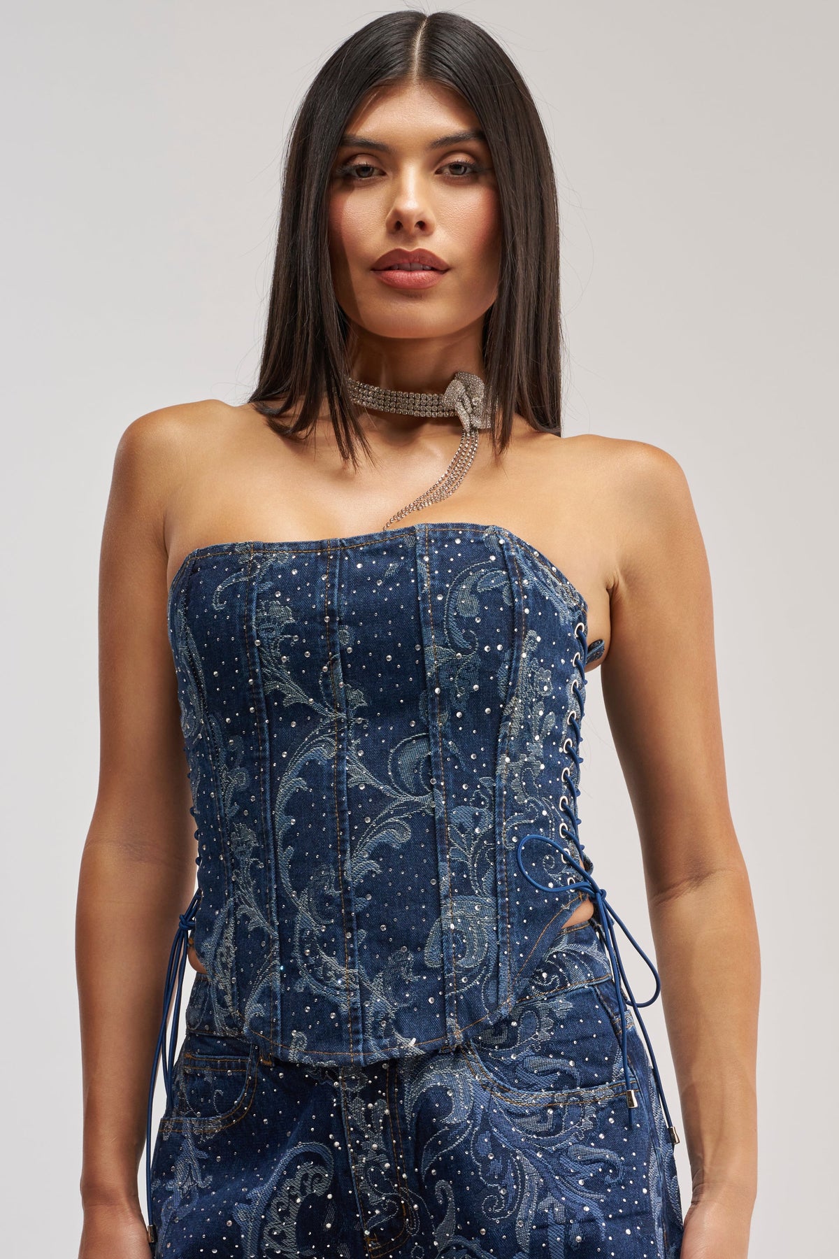 ELEVATED DENIM CORSET WITH RHINESTONES