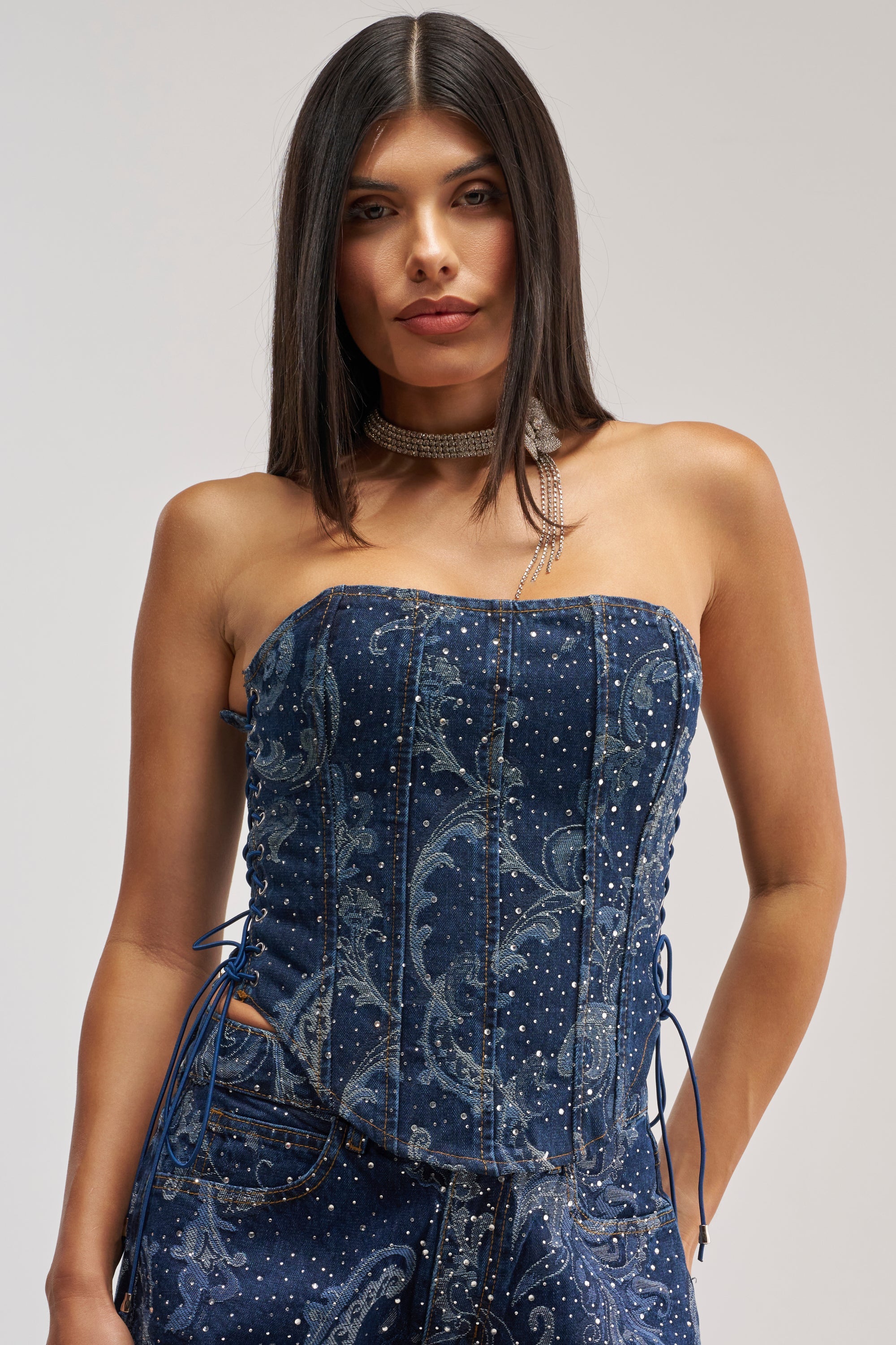ELEVATED DENIM CORSET WITH RHINESTONES