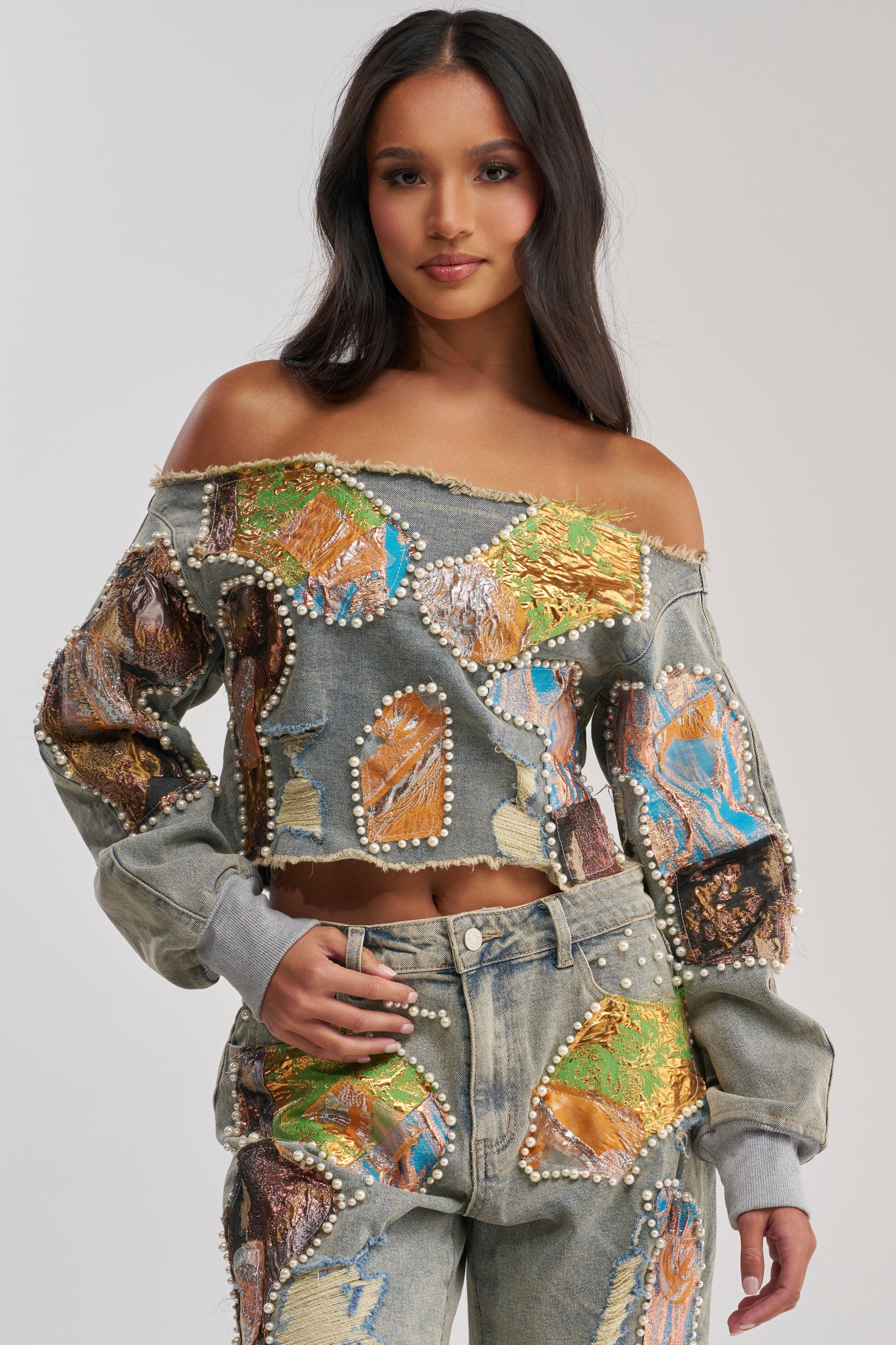 PATCHED UP BROCADE DENIM SWEATSHIRT