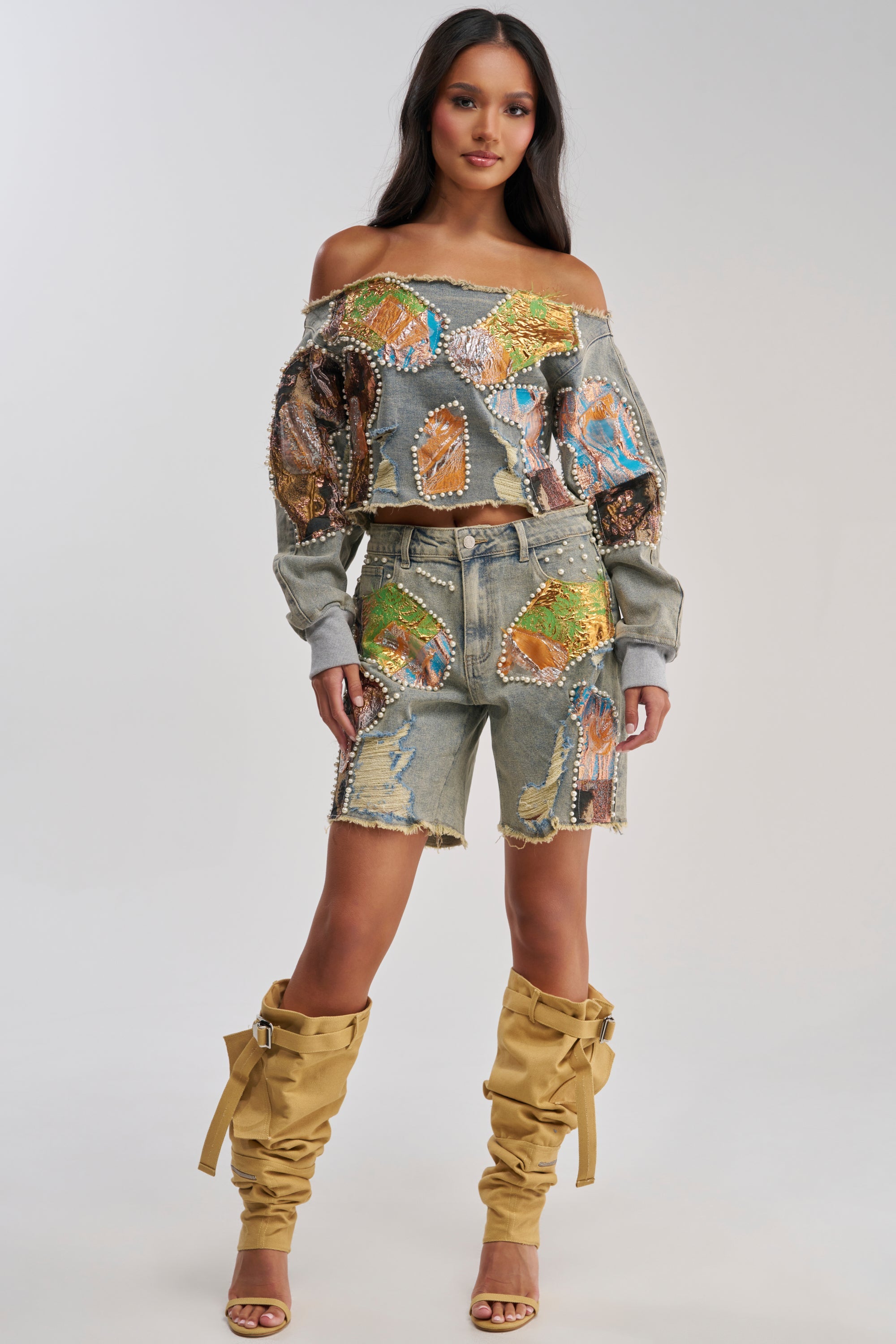 PATCHED UP BROCADE DENIM SWEATSHIRT
