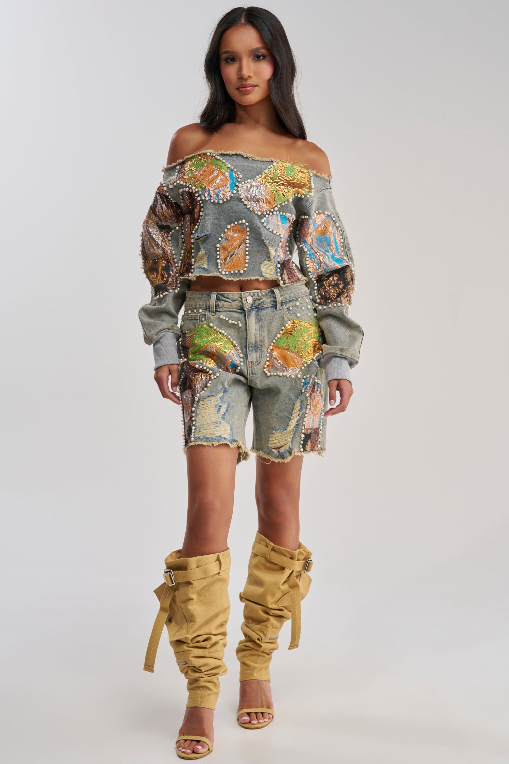 PATCHED UP BROCADE DENIM SWEATSHIRT