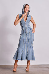 CATCH MY SWAG DENIM HOODED MAXI DRESS