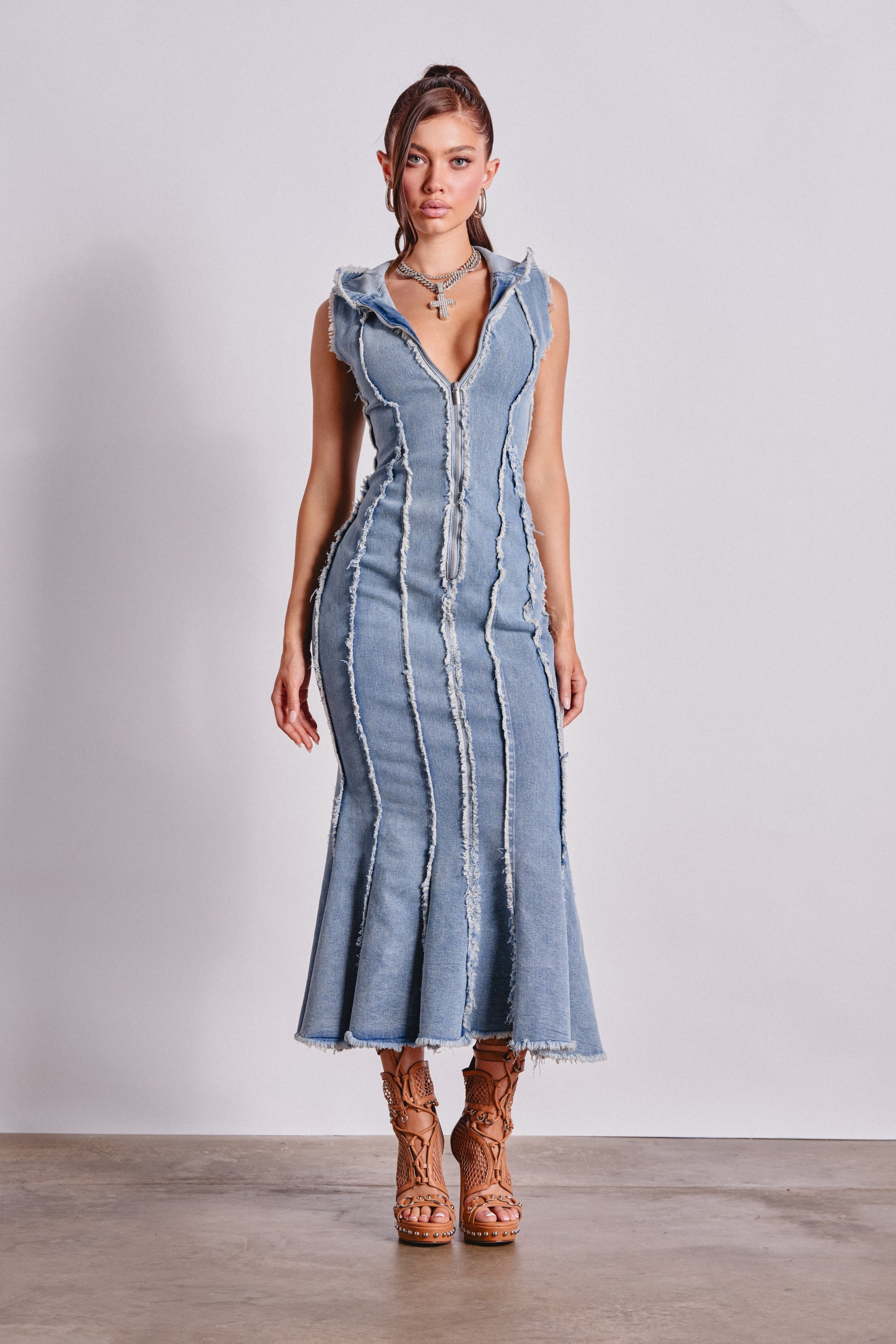CATCH MY SWAG DENIM HOODED MAXI DRESS