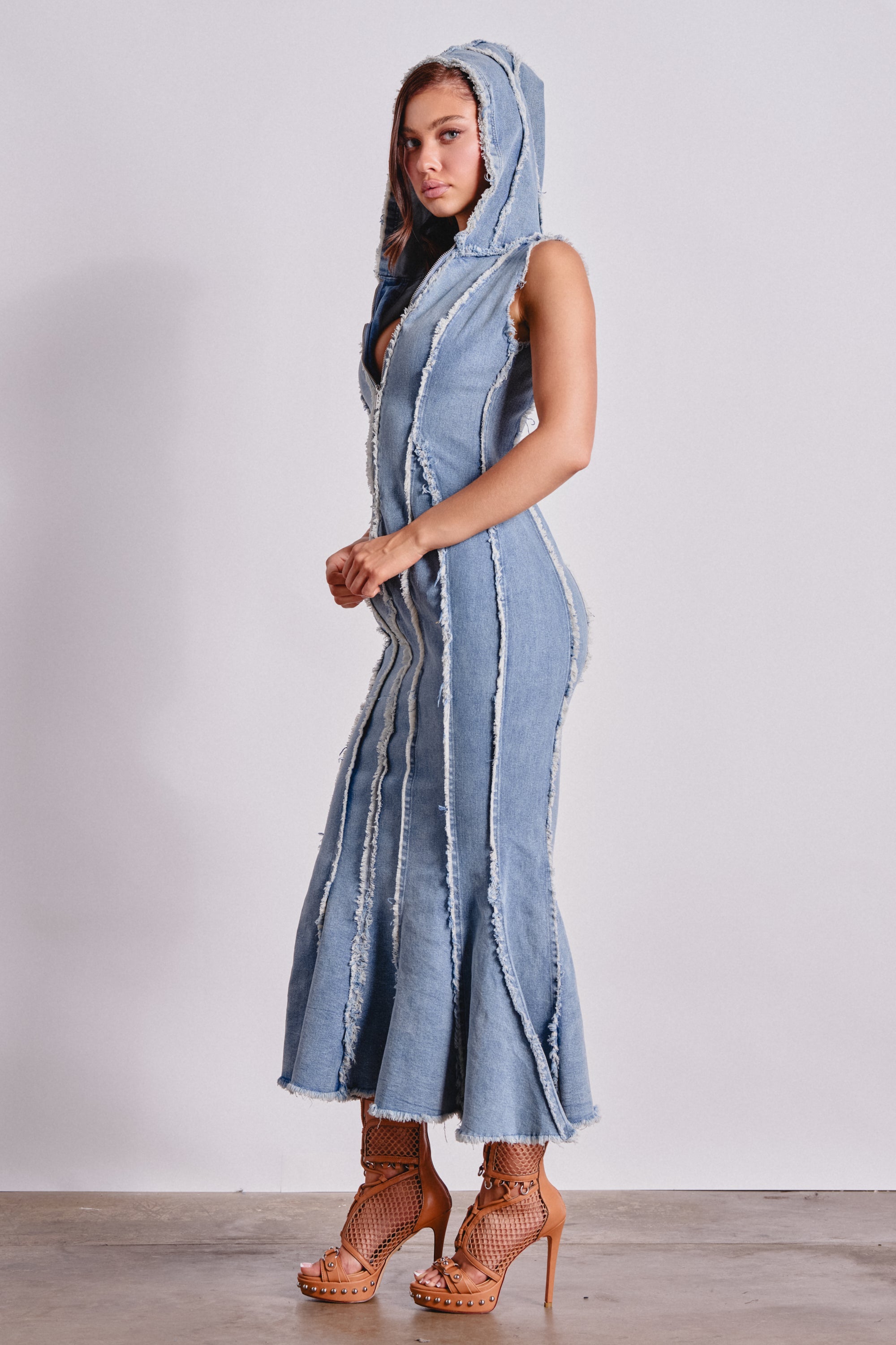 CATCH MY SWAG DENIM HOODED MAXI DRESS