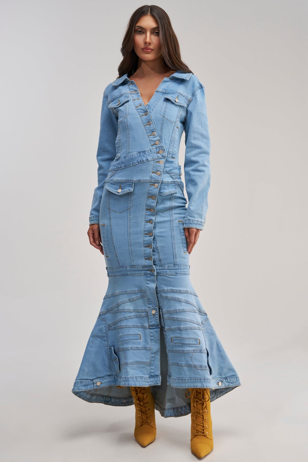 TRAPEZE BUTTON DOWN DENIM MAXI DRESS