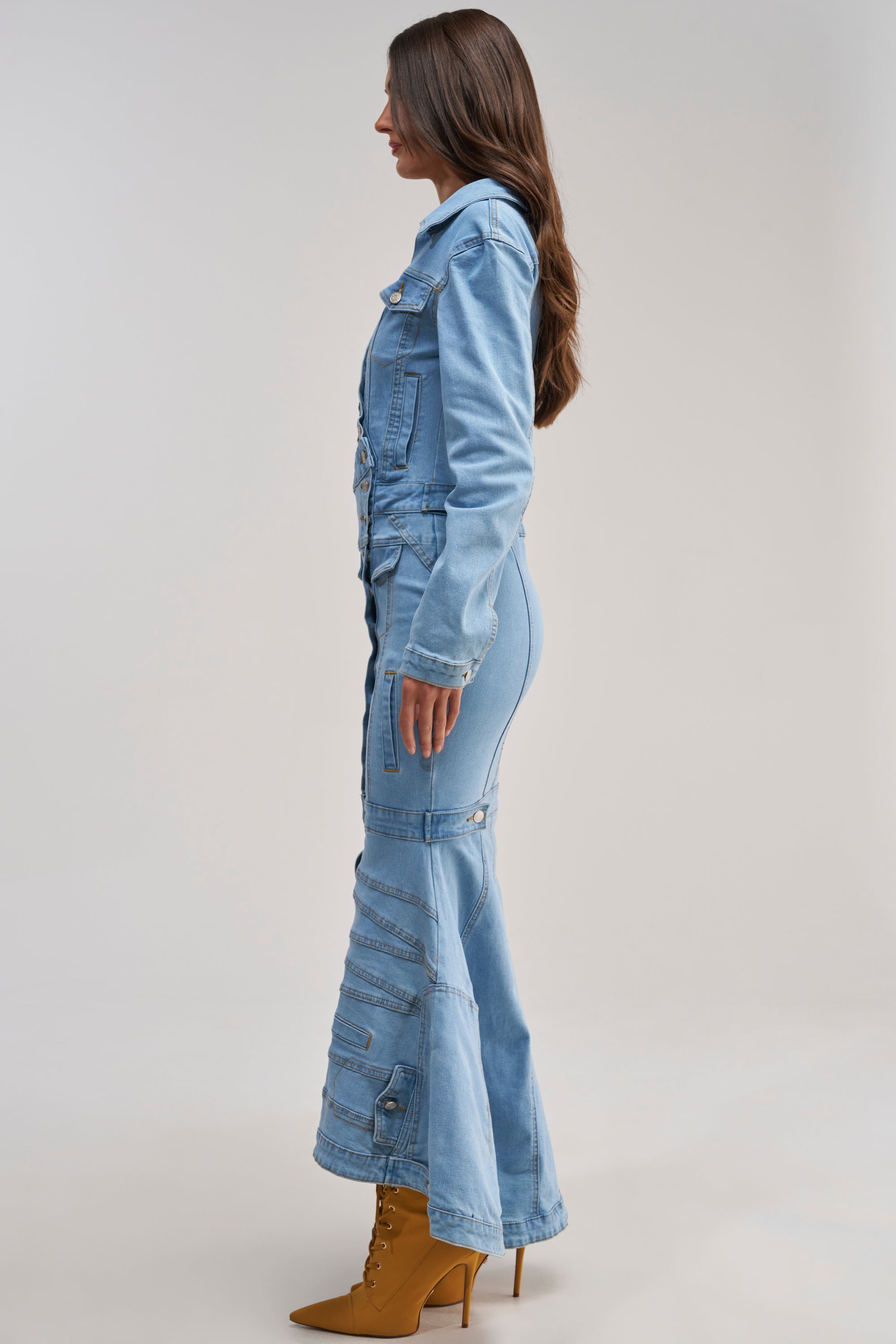 TRAPEZE BUTTON DOWN DENIM MAXI DRESS