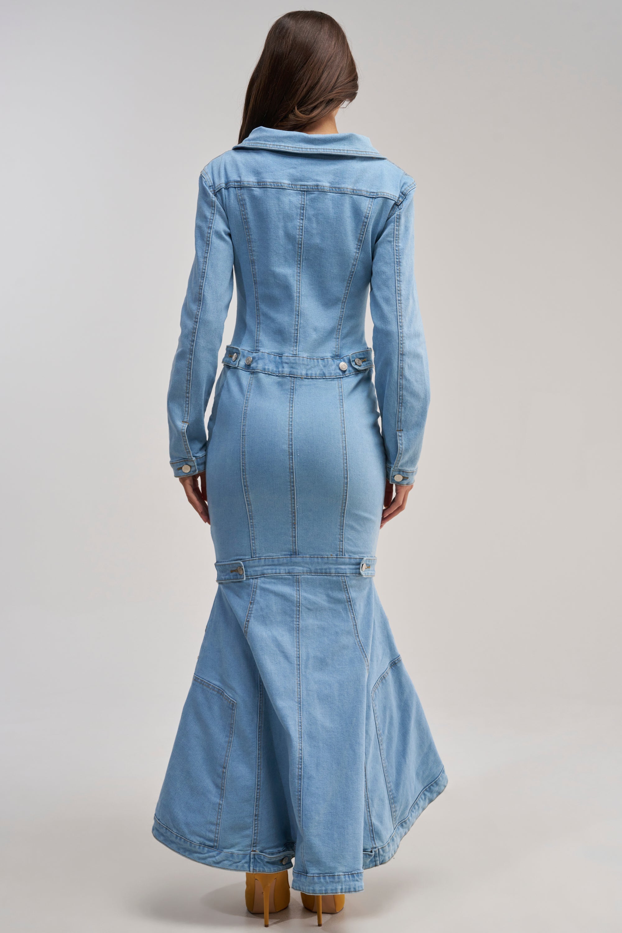 TRAPEZE BUTTON DOWN DENIM MAXI DRESS