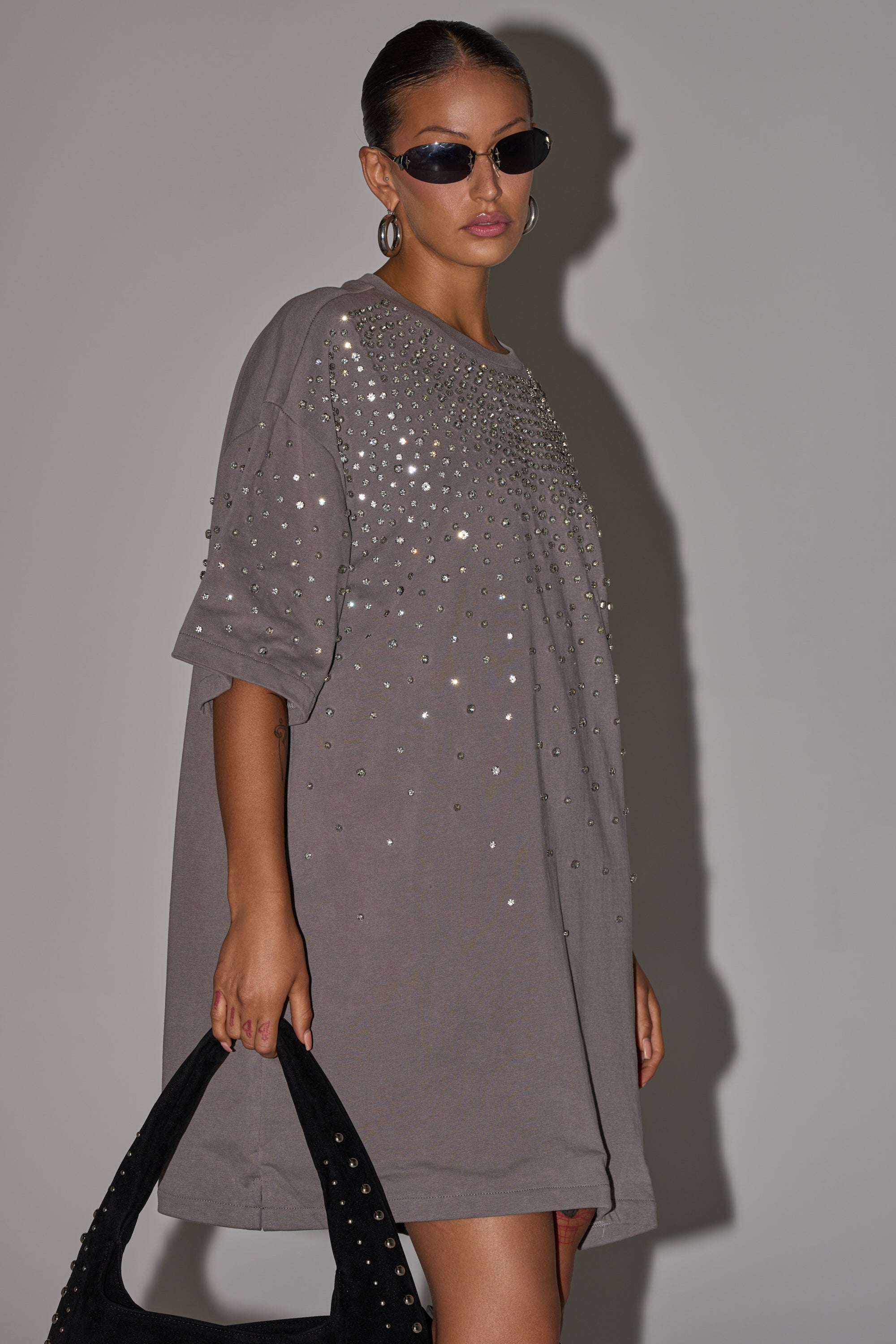 IN MY ELEMENT RHINESTONE TEE SHIRT MINI DRESS