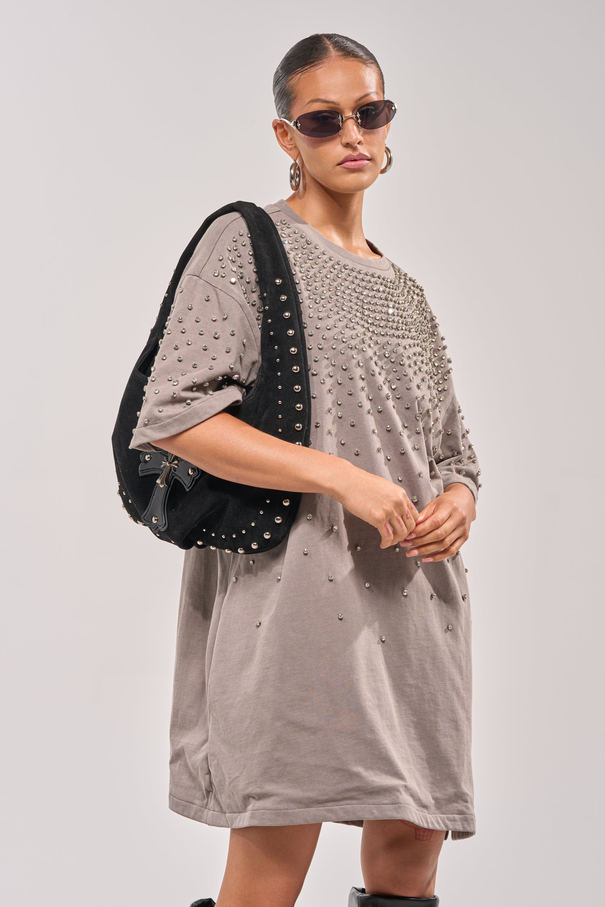 IN MY ELEMENT RHINESTONE TEE SHIRT MINI DRESS