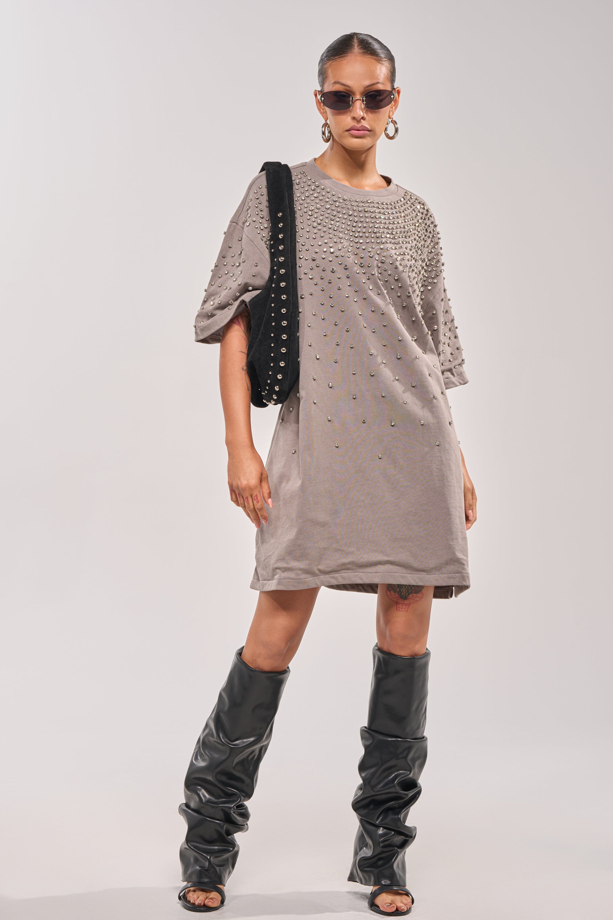 IN MY ELEMENT RHINESTONE TEE SHIRT MINI DRESS