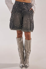 BLINGED OUT CARGO SHORTS IN BLACK