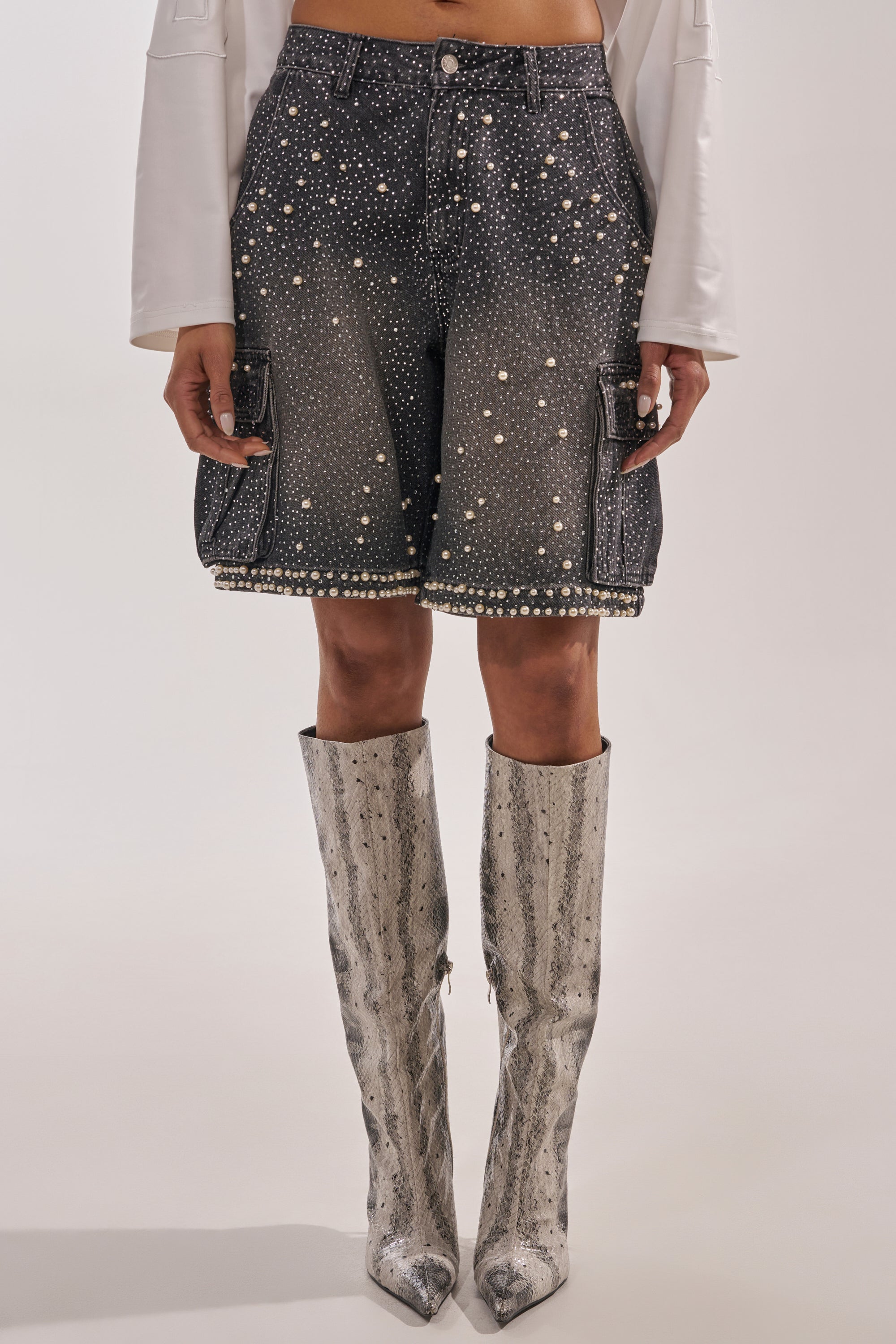 BLINGED OUT CARGO SHORTS IN BLACK